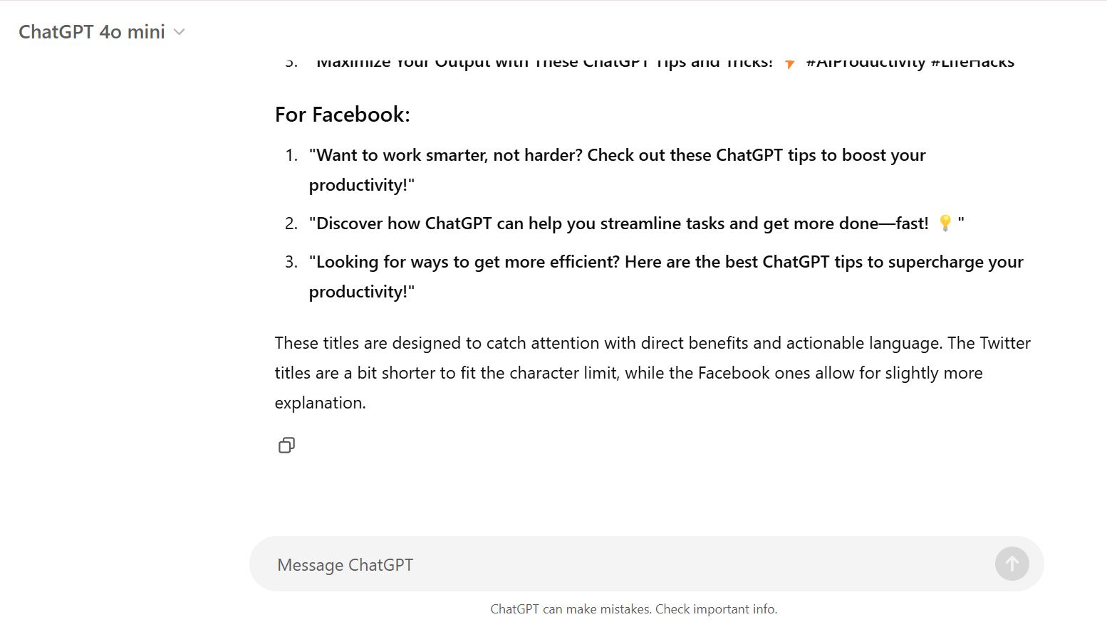 Showing the Facebook byline examples that ChatGPT wrote back in response