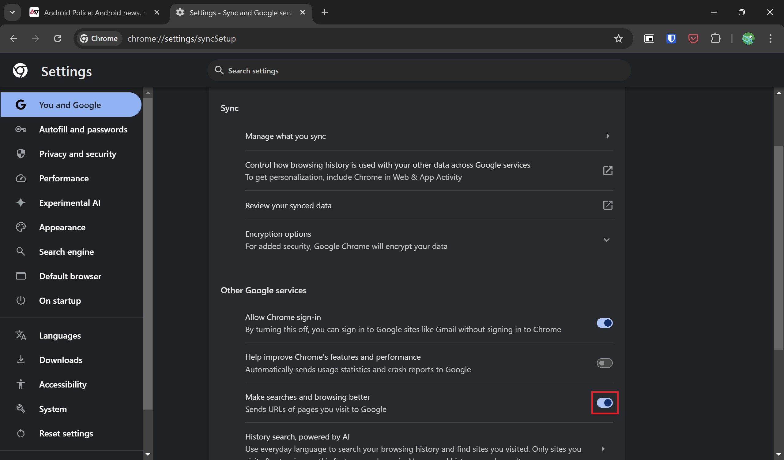 Sync and Google Services settings on Google Chrome with a red box around the Make searches and browsing better toggle