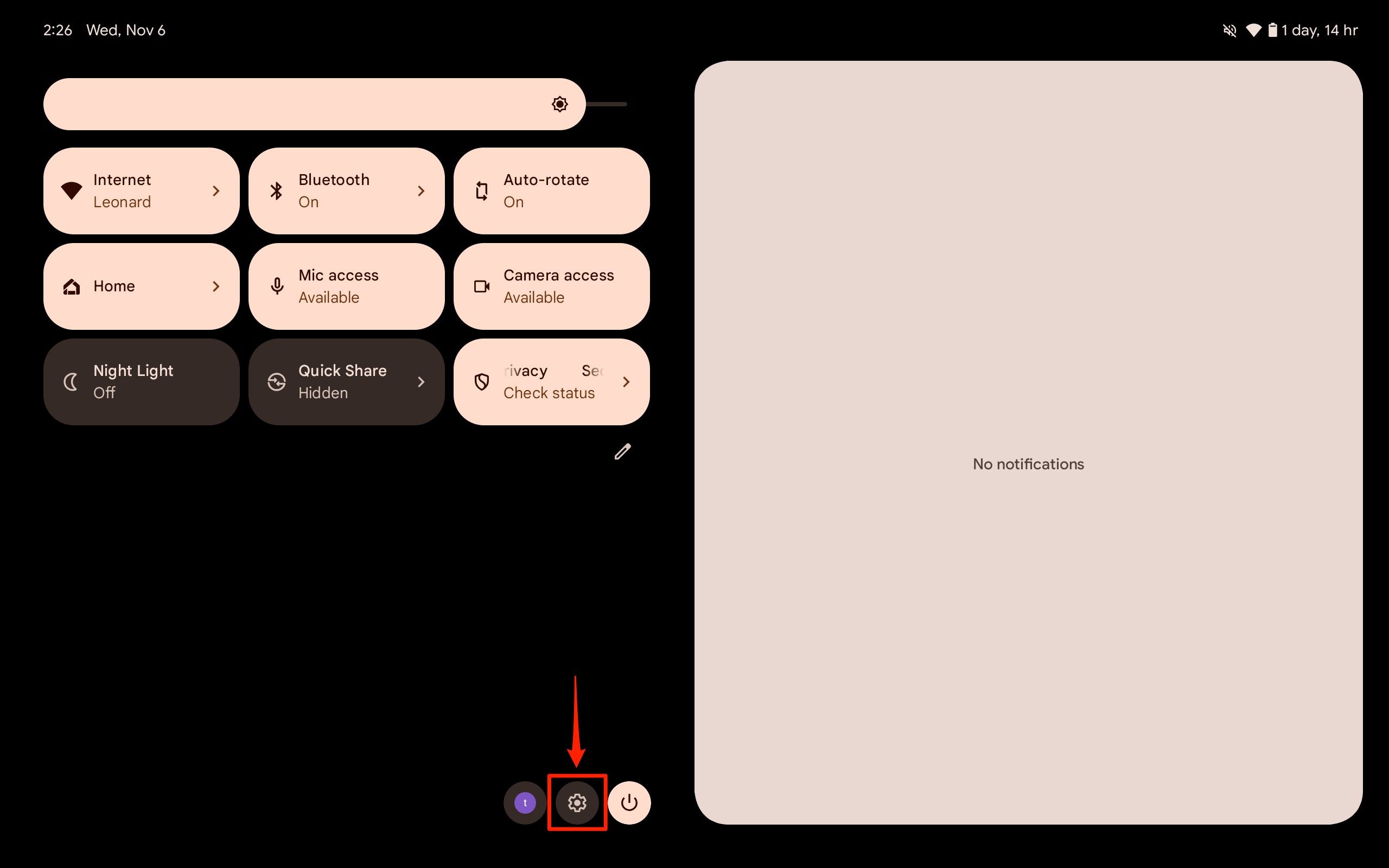 A screenshot of the Pixel Tablet's Quick Settings menu with the cog icon highlighted