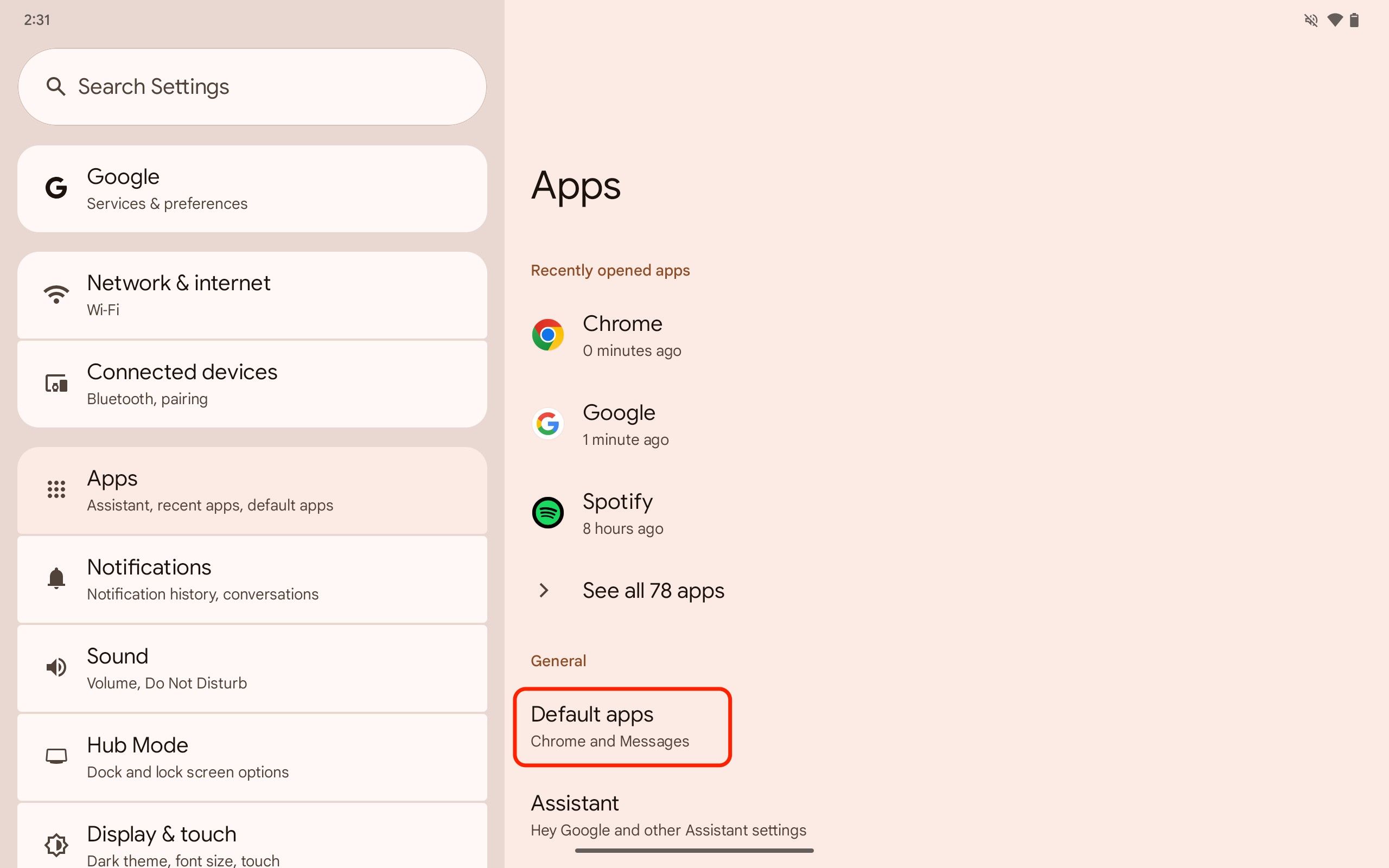 A screenshot of the Pixel Tablet's Settings app with Default apps option highlighted