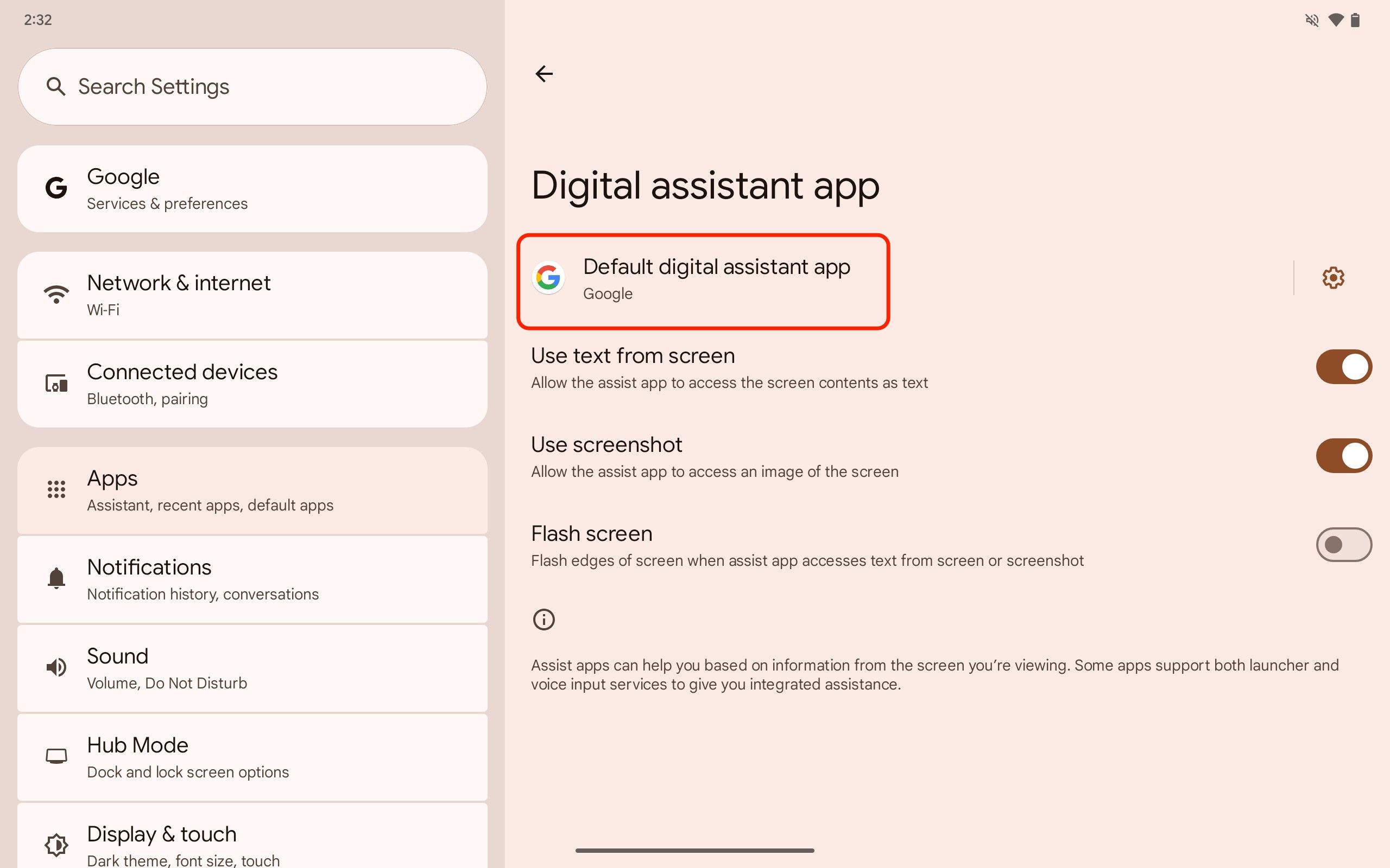 A screenshot of the Pixel Tablet's Settings app with Default digital assistant app highlighted