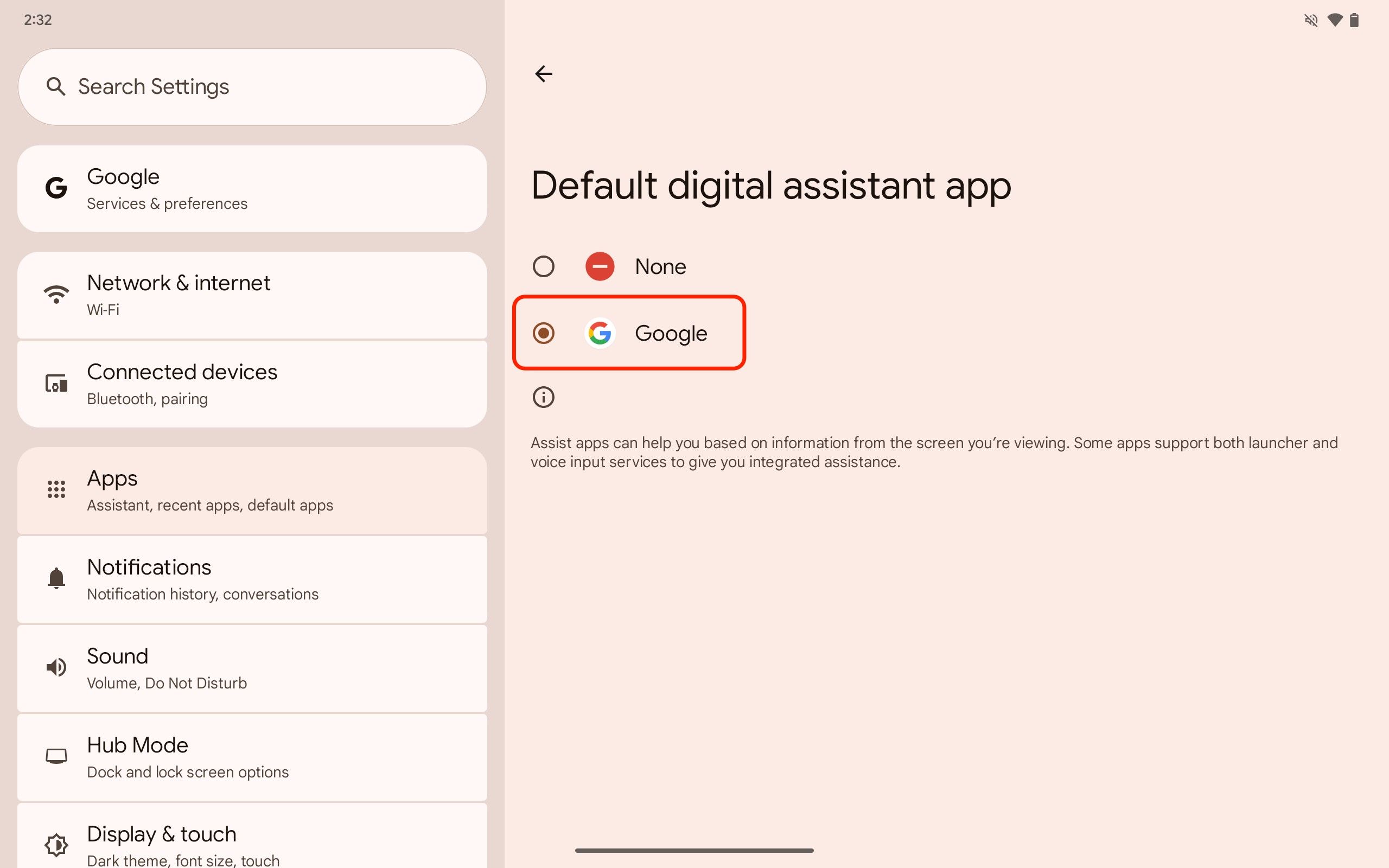 A screenshot of the Pixel Tablet's Settings app with the Digital assistant app open