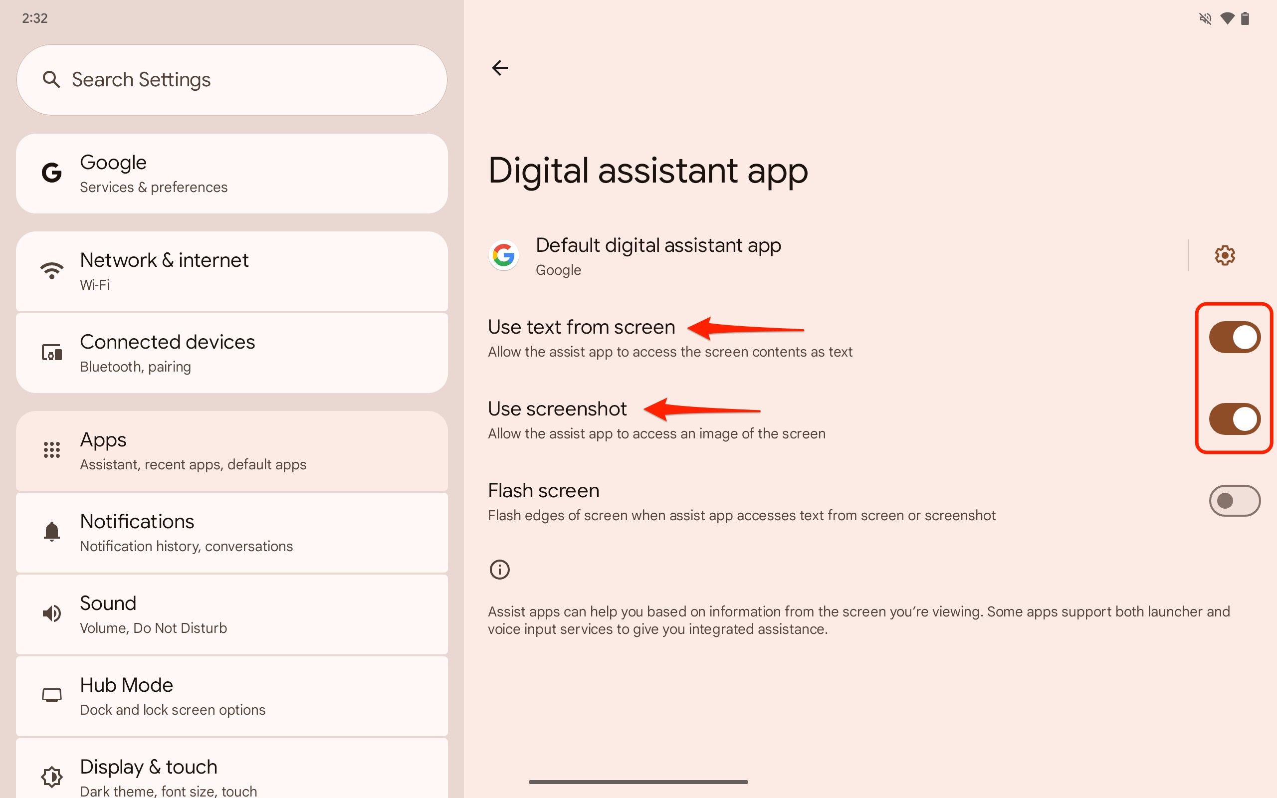 A screenshot of the Pixel Tablet's Settings app on the Digital assistant app screen