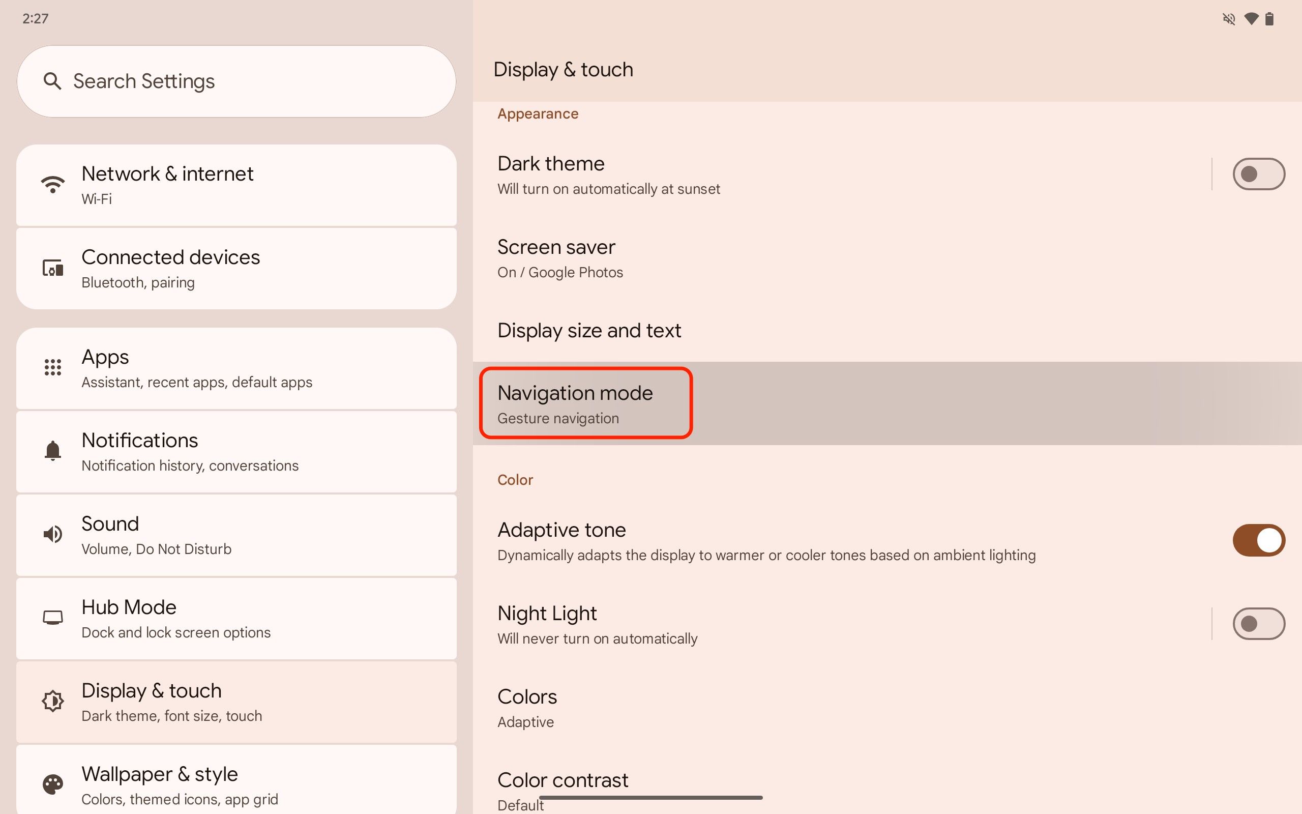 A screenshot of the Pixel Tablet's Settings app with the Navigation mode highlighted