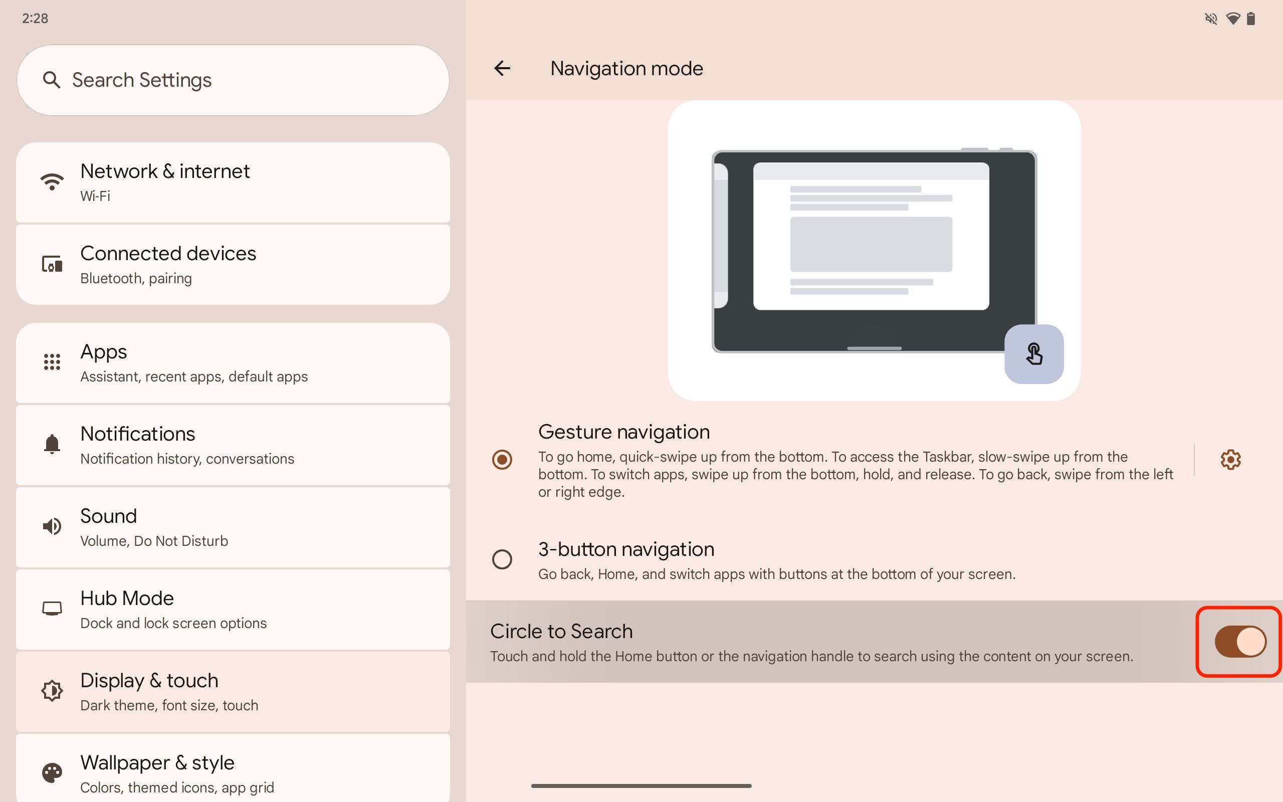 A screenshot of the Pixel Tablet's Settings app with the Circle to Search toggle highlighted