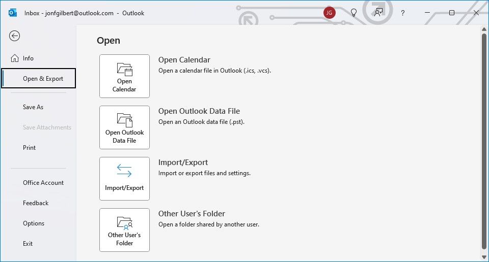 outlook desktop client showing open and export options