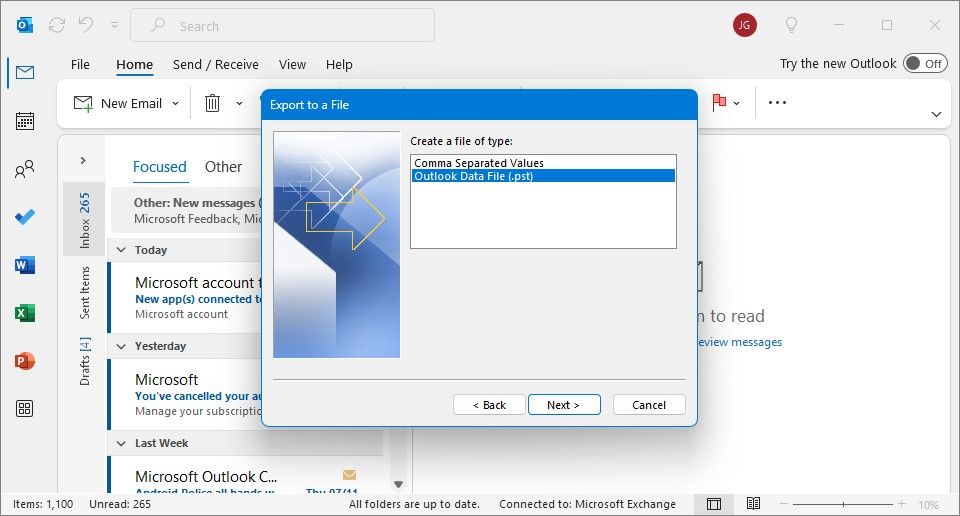 export wizard in outlook desktop client