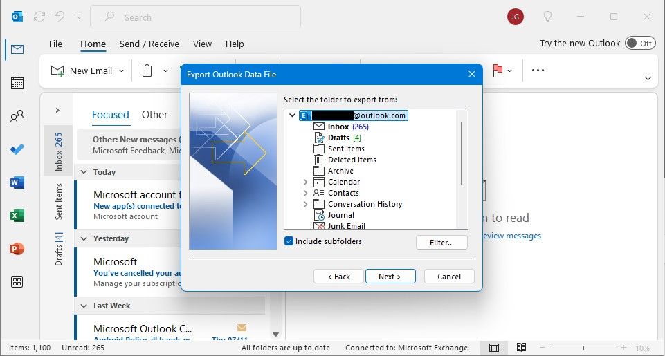 folder options for pst file exporting in outlook desktop client