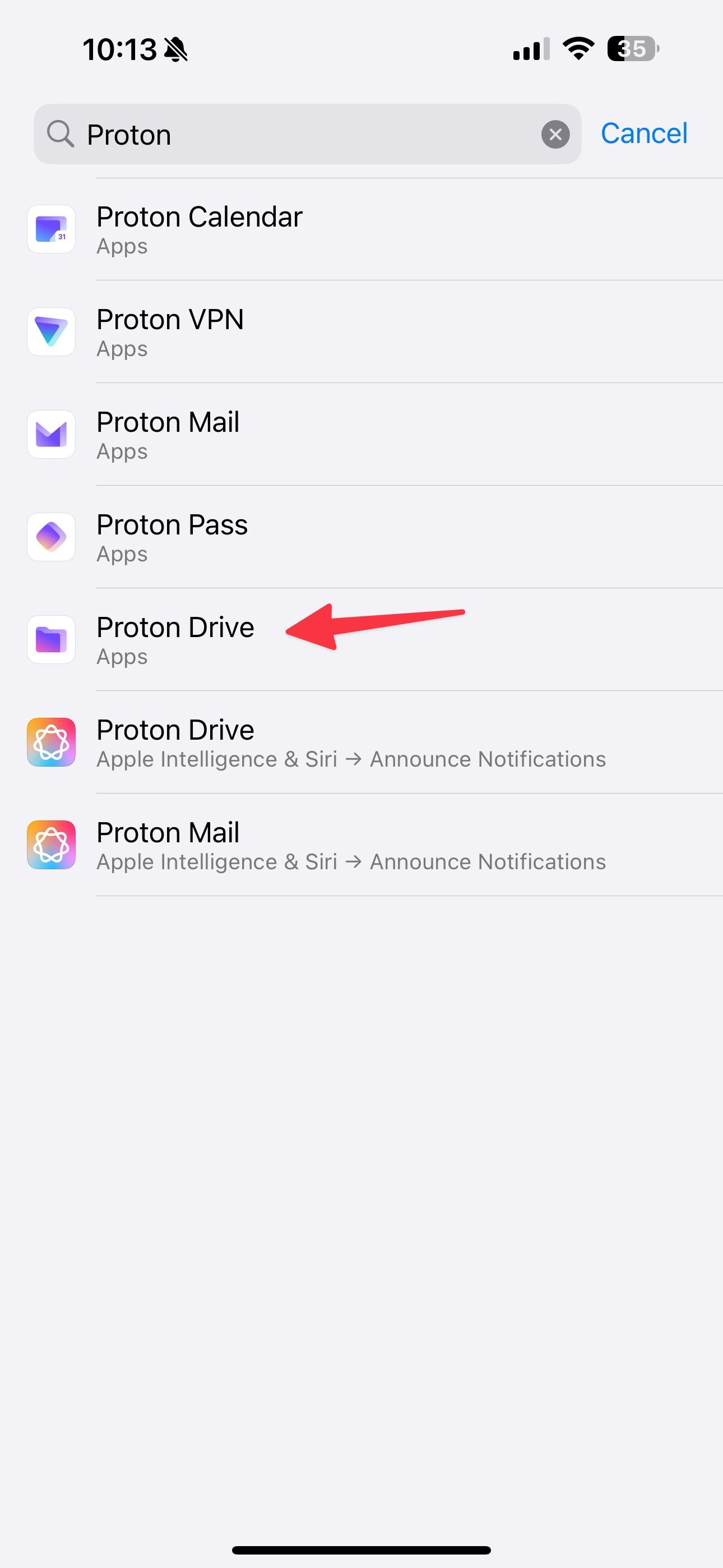 Search for Proton Drive in Settings