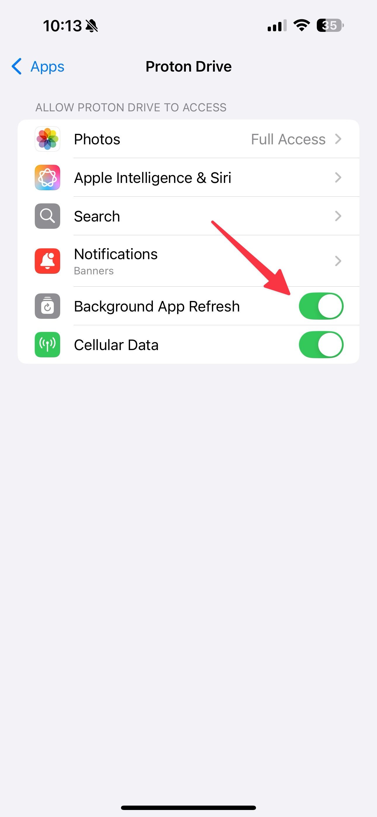 Enable background app refresh in Proton Drive