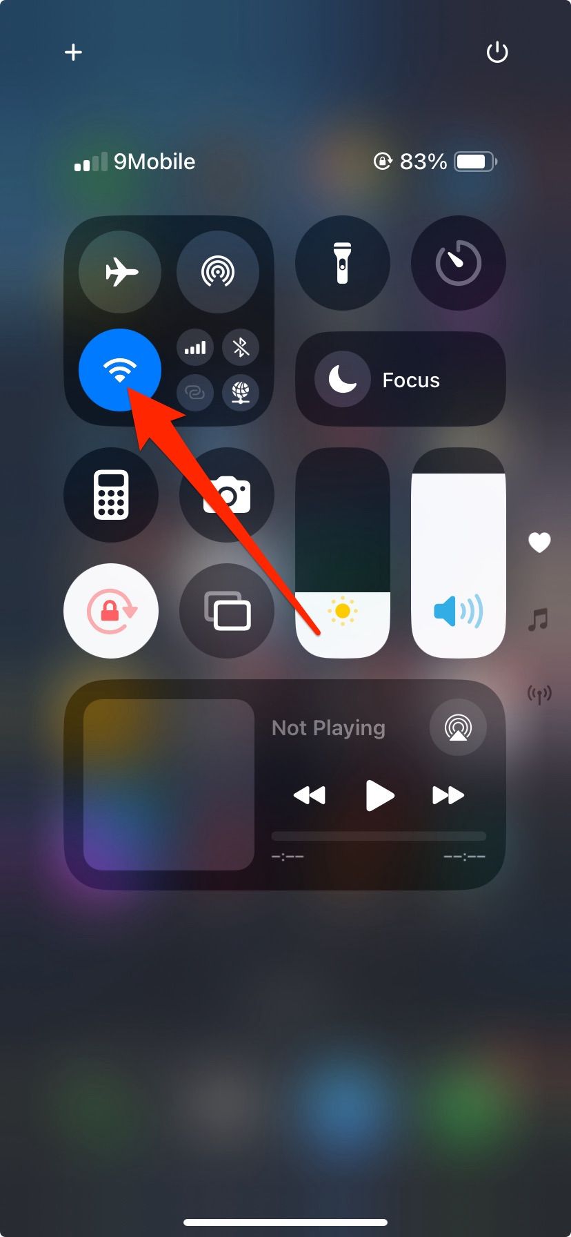 Arrow pointing to Wi-Fi icon in iPhone Control Center