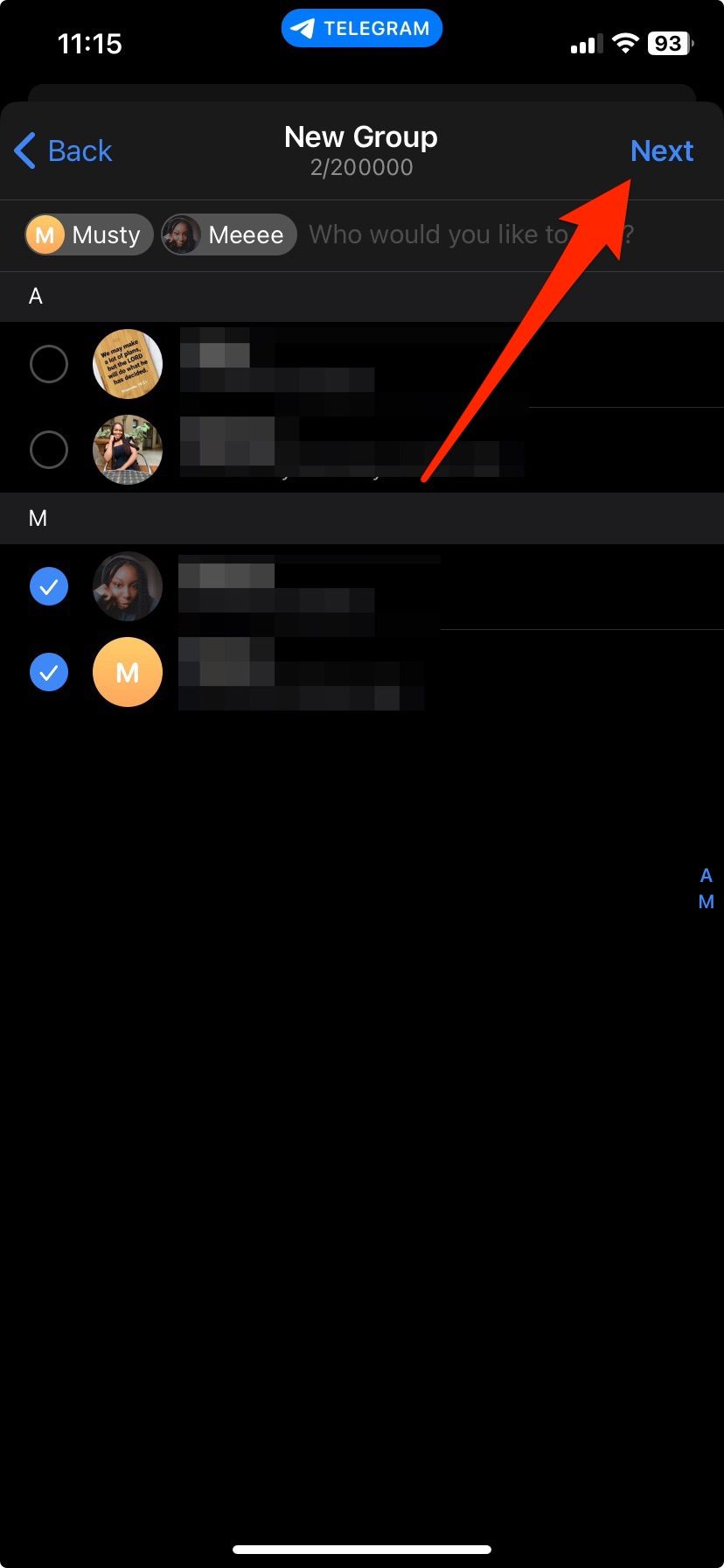 Selecting contacts to add to new group on Telegram iPhone app