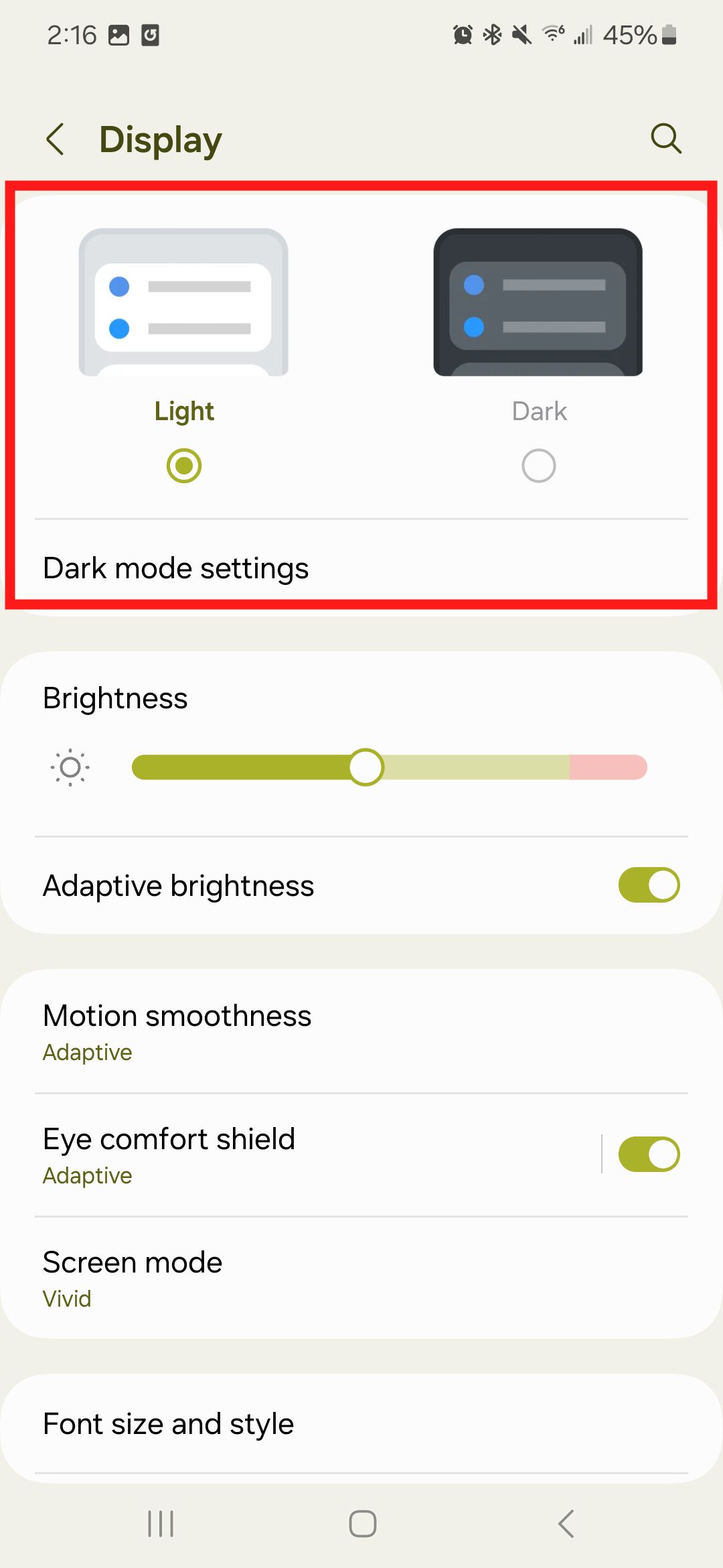 A screenshot of the Samsung Galaxy S22 Display settings menu with a red box around the light and dark modes.