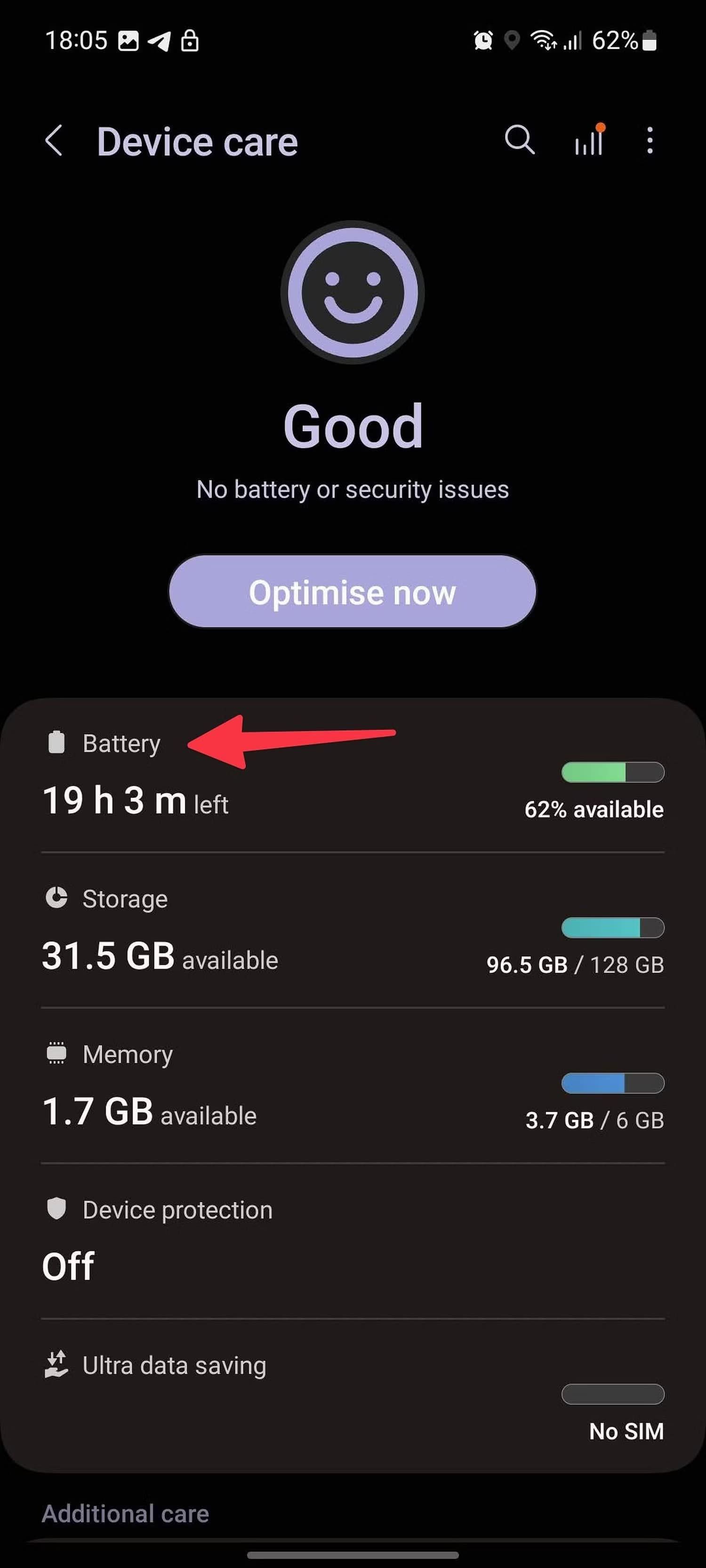 Arrow pointing to Battery option in Device care menu on Android