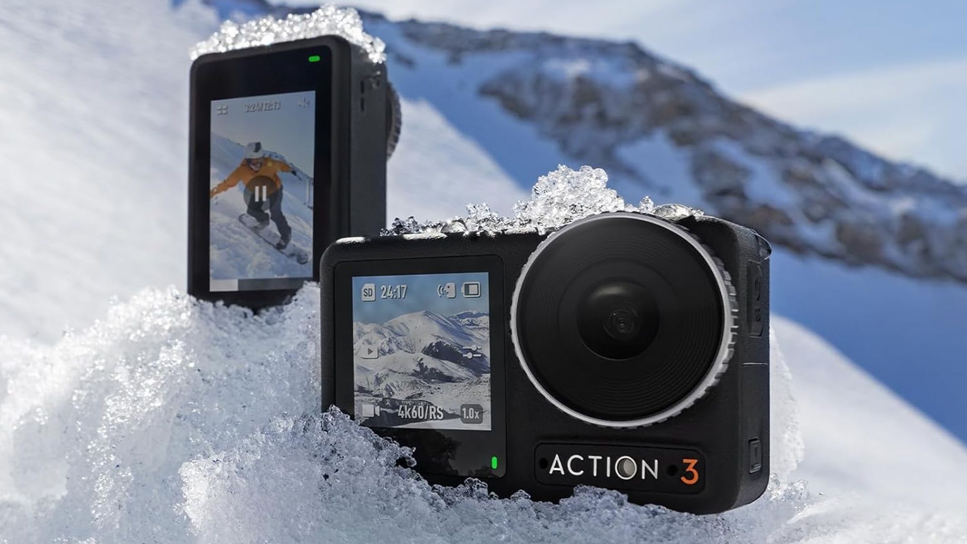 Two DJI Osmo Action 3 cameras arranged for recording in the snow.