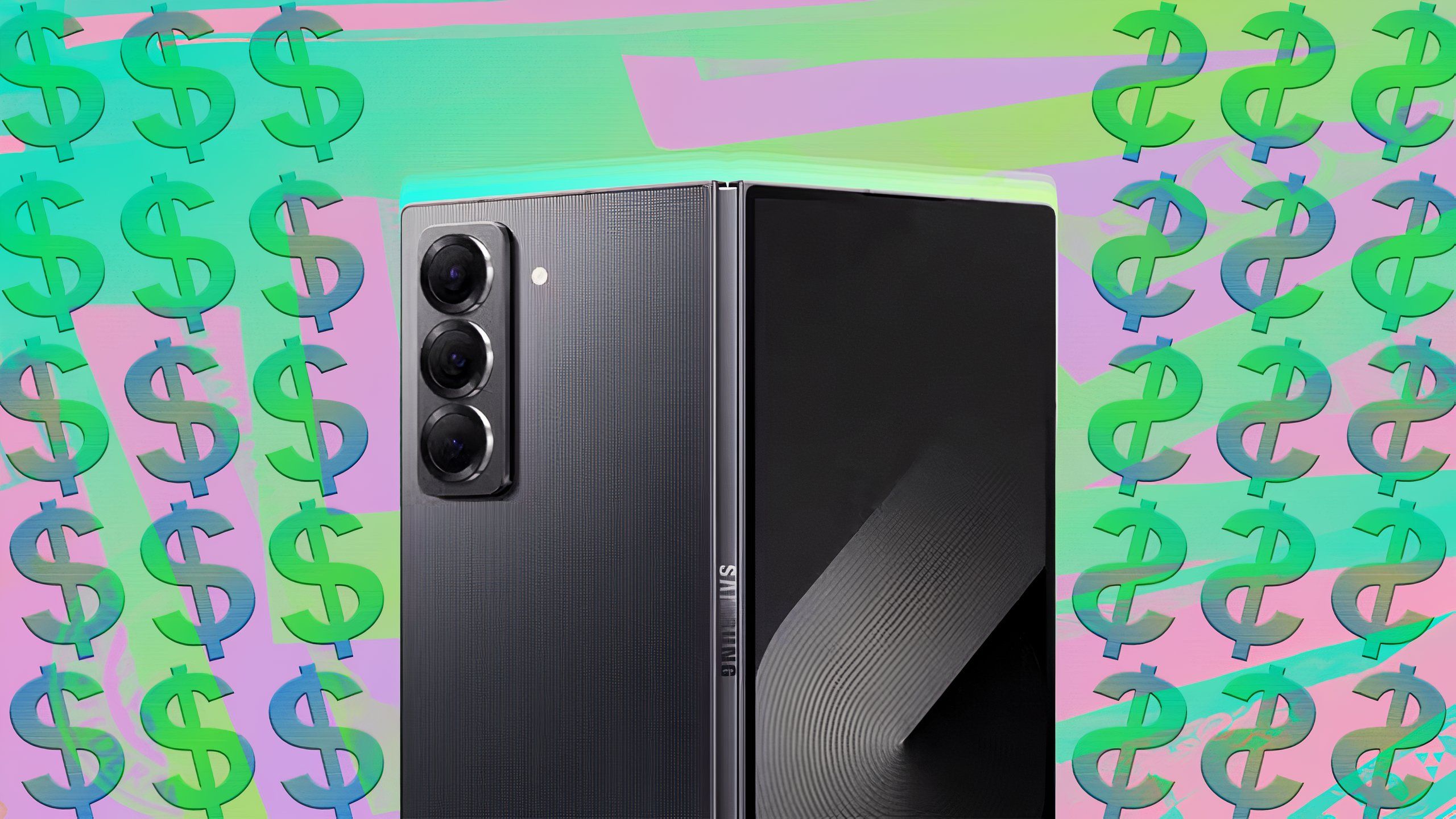 A photo illustration of a foldable phone against a pink background with dollar signs