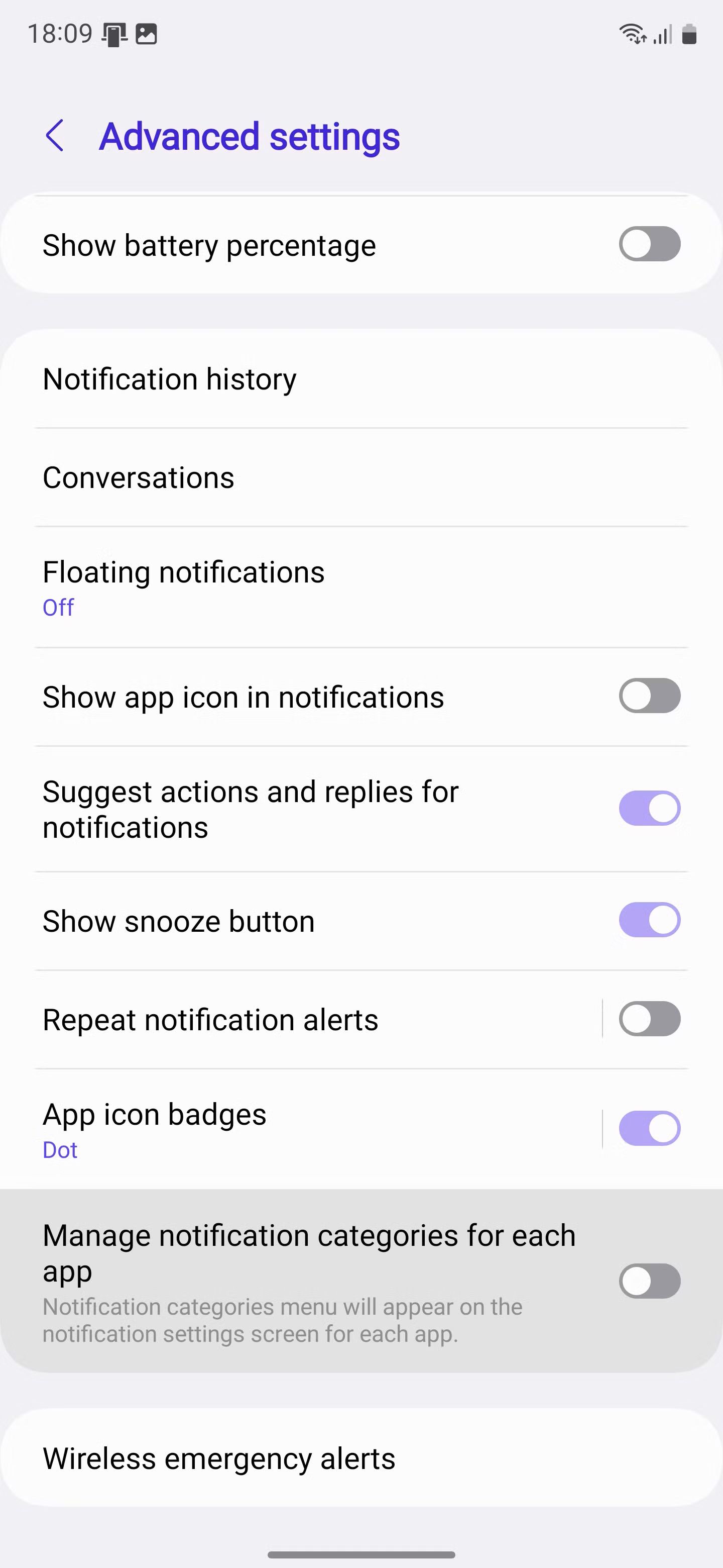 list of notification categories and toggles on Galaxy S24