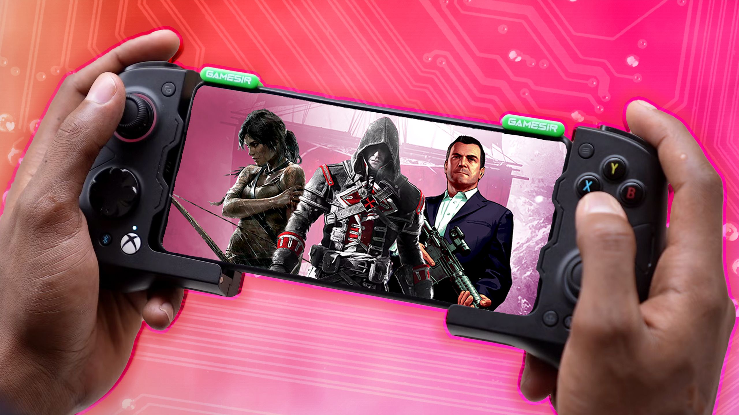 Someone holding a smartphone by a GameSir controller, with 3 major game characters on the screen, over a stylized background