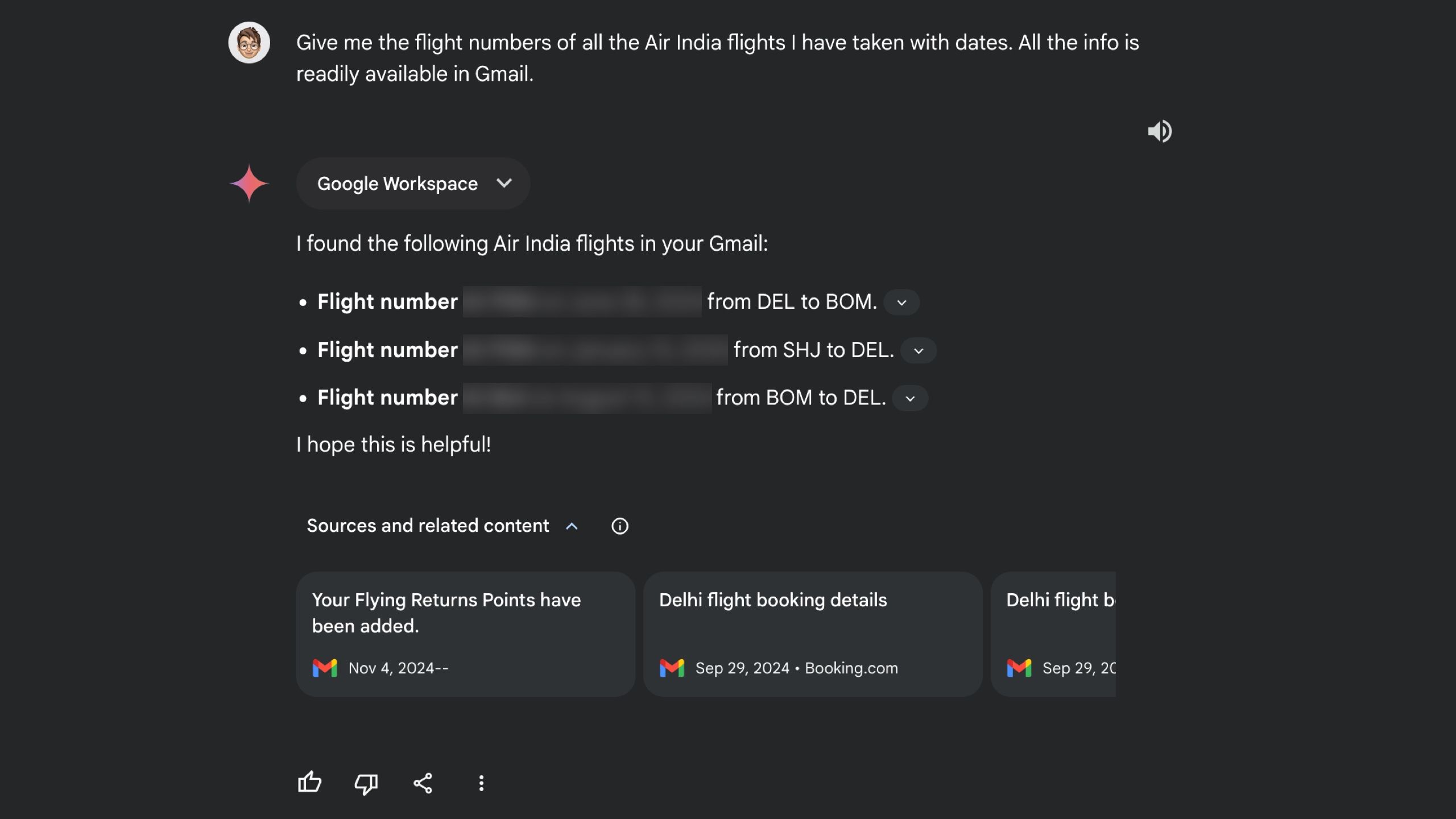 Asking Gemini about flights taken this year