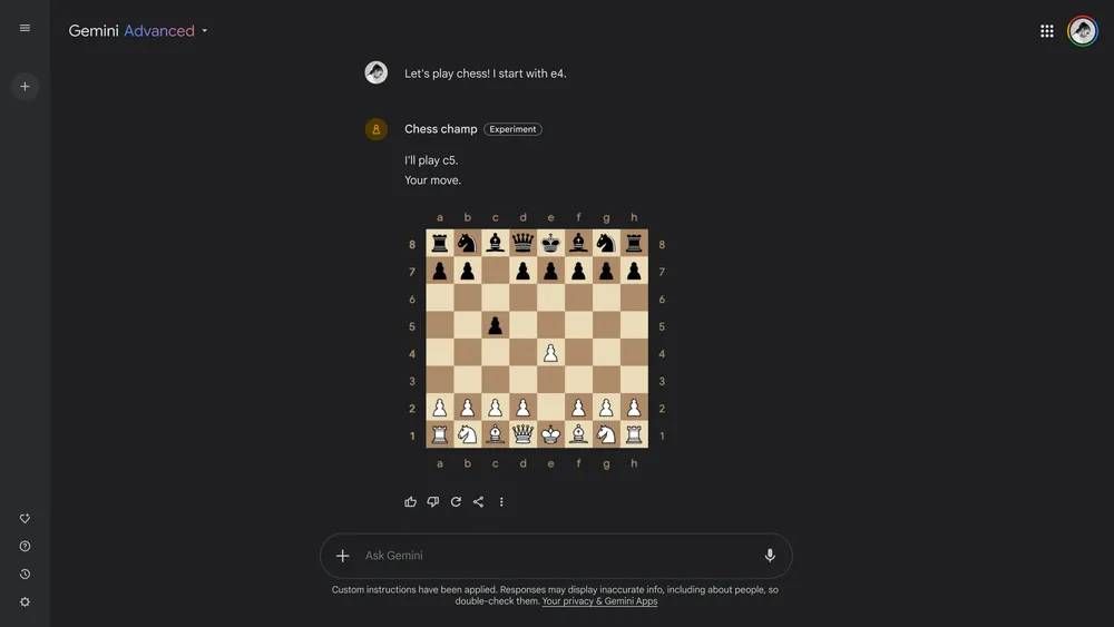 A screenshot of Gemini's upcoming chess gem.