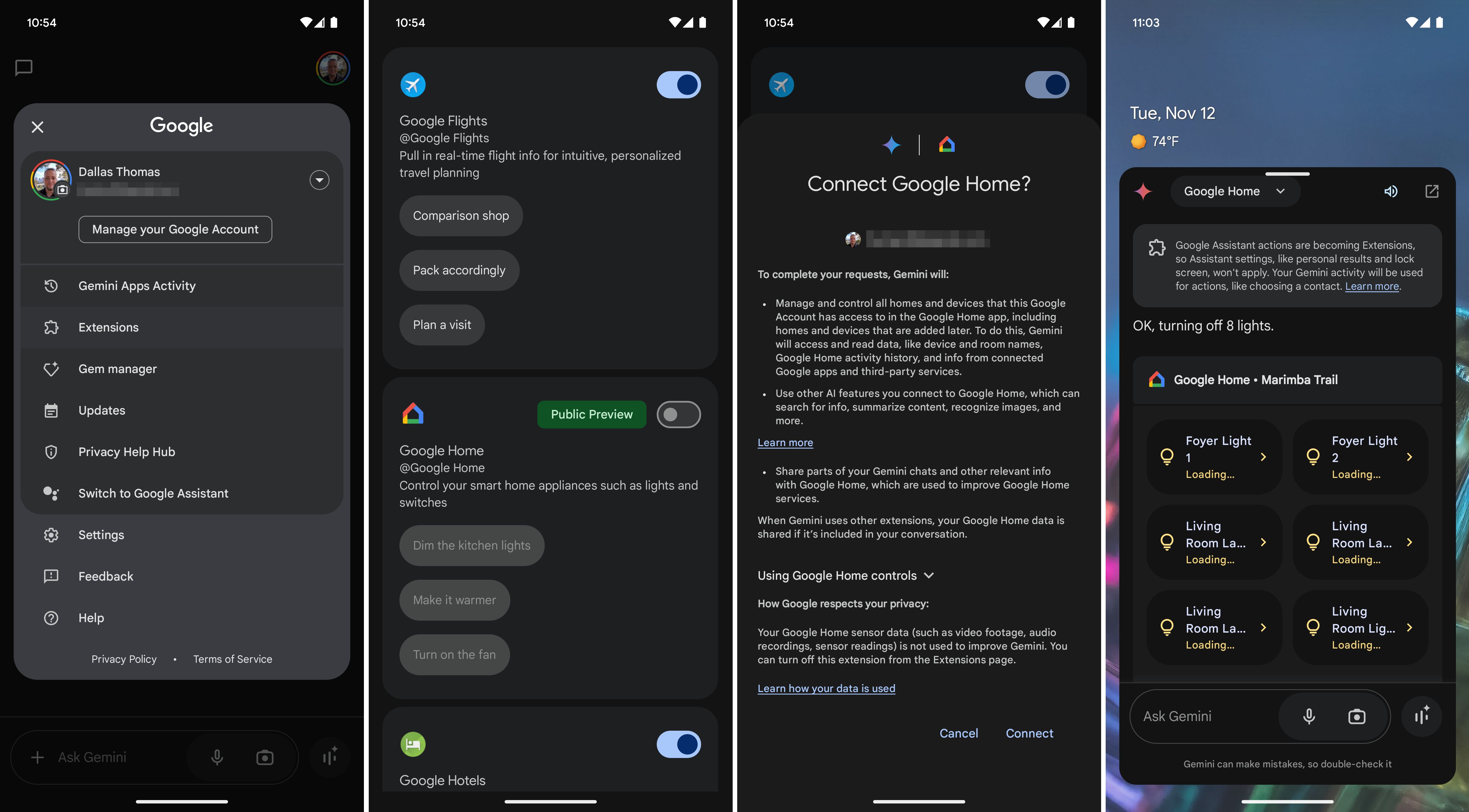 Screenshots of Gemini's new Google Home extension in action.