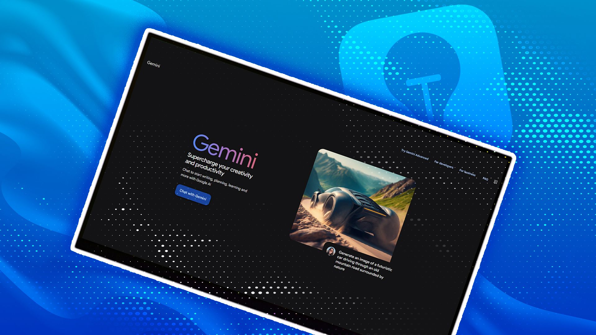 The Gemini app open on a tablet in front of a stylized background