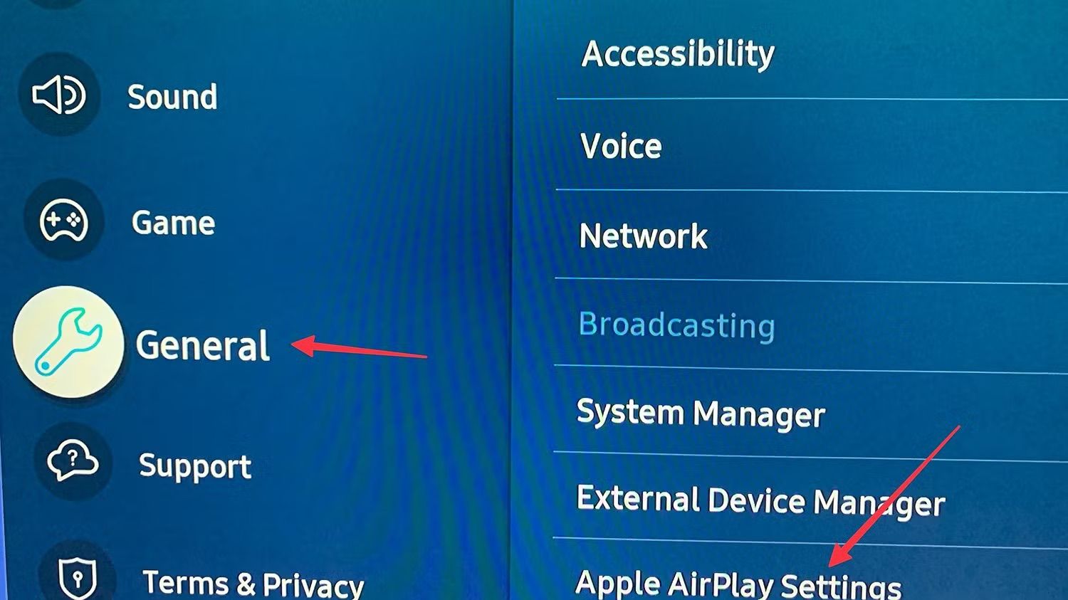 Selecting Apple AirPlay Settings option in Samsung TV General menu