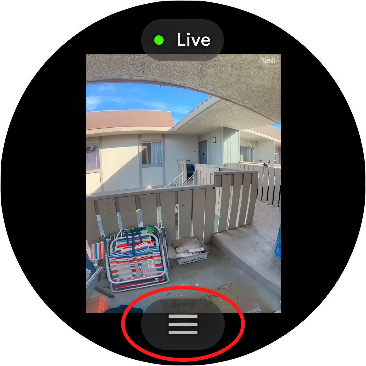 A screenshot of the Google PIxel Watch 3's Google Nest Doorbell Live View with the hamburger menu circled in red.