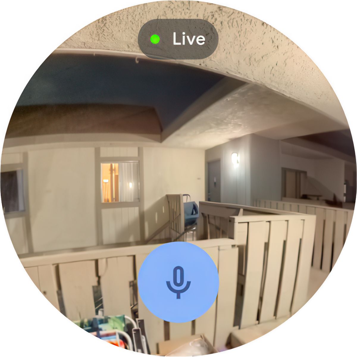 A screenshot of the Google PIxel Watch 3's Google Nest Doorbell Live View with the microphone button on the display.