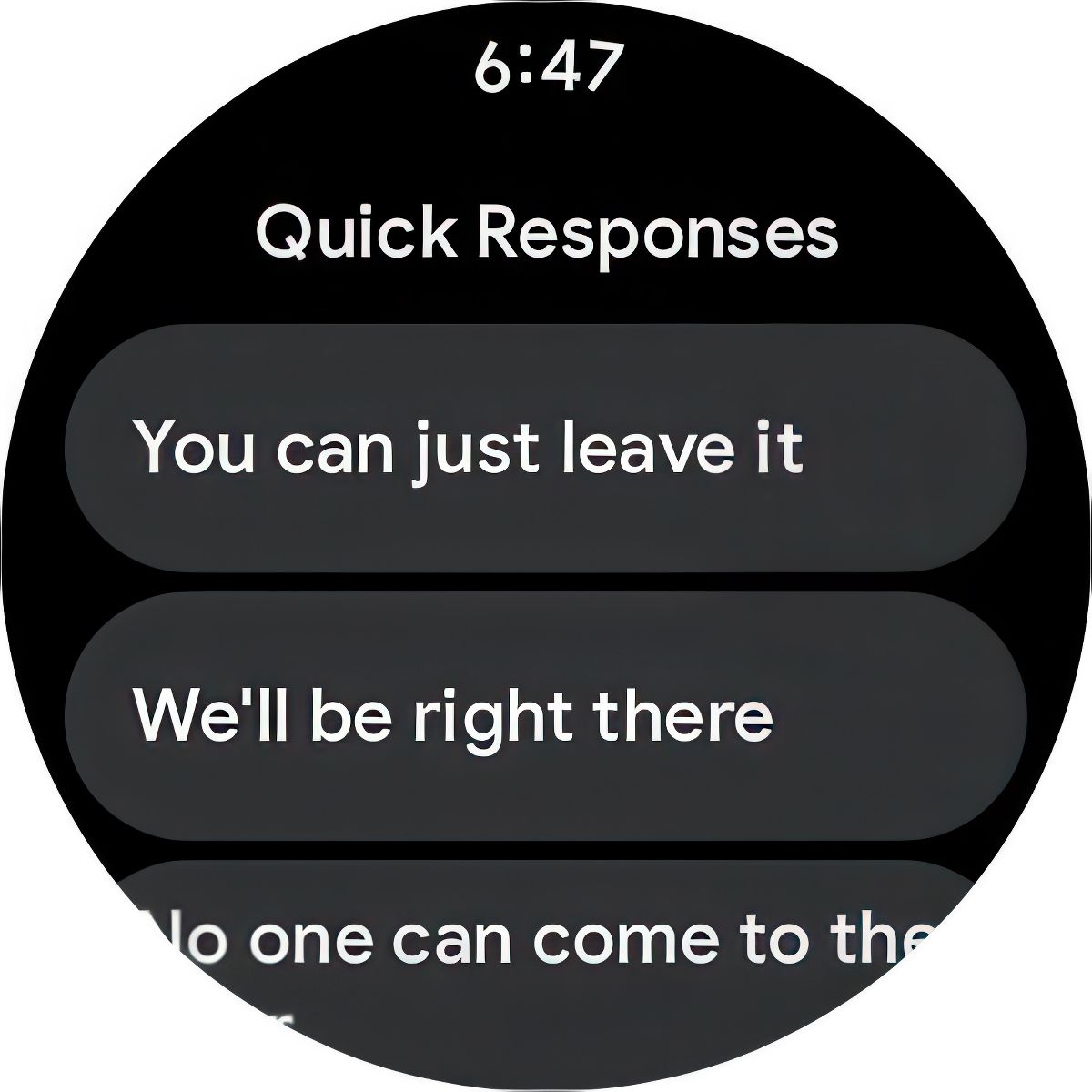 A screenshot of the Google Pixel Watch 3's Google Nest Doorbell Quick Response options.