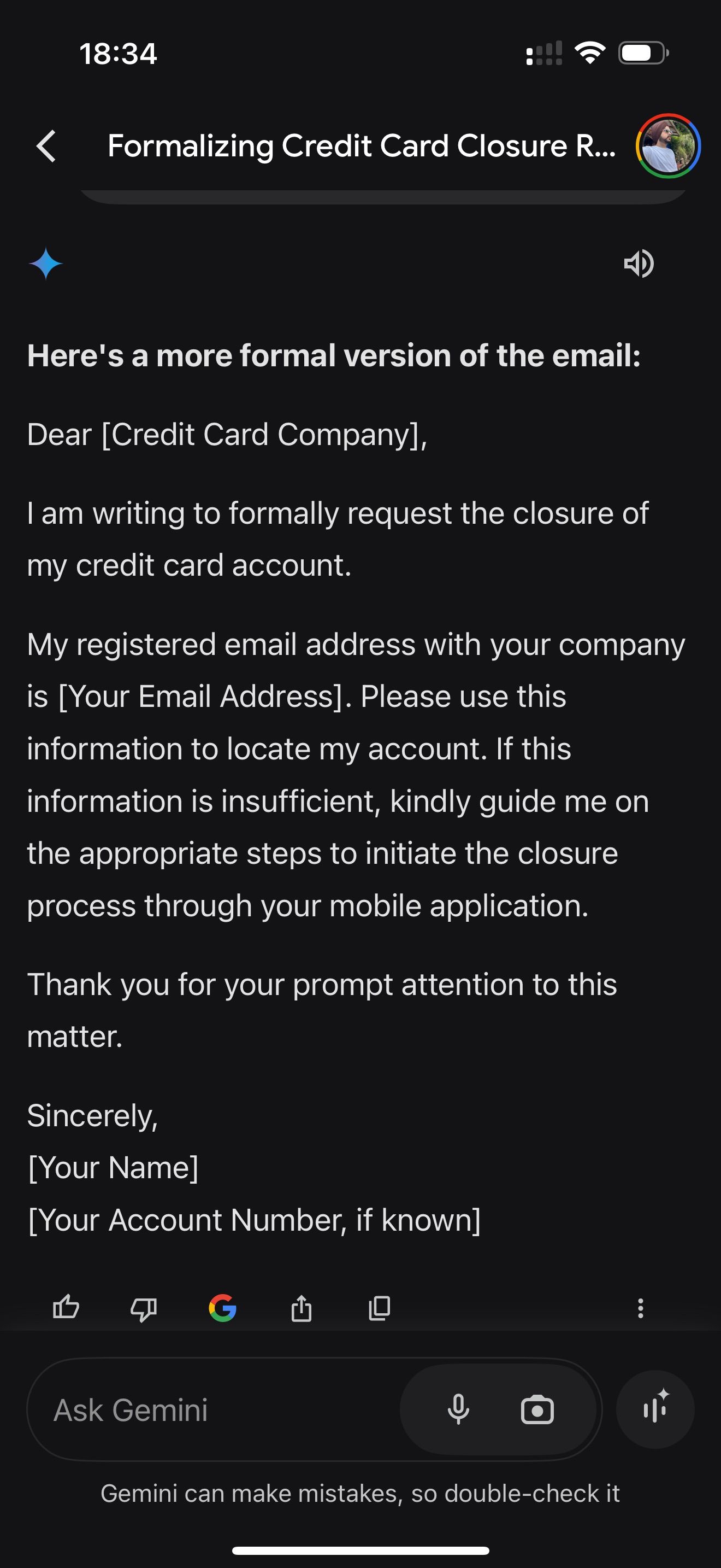 Gemini app for the iPhone responding to a request to clean up an email