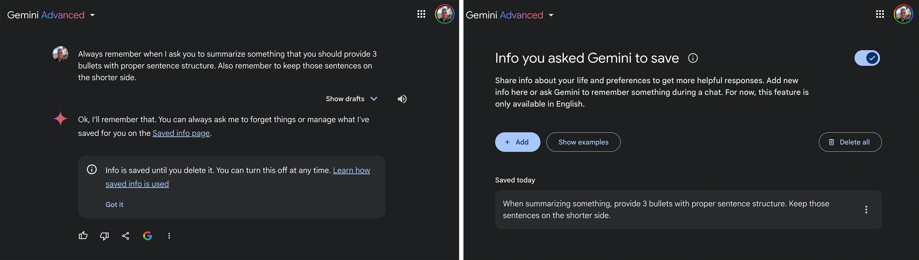 Screenshots of Gemini's new Saved Info in action.