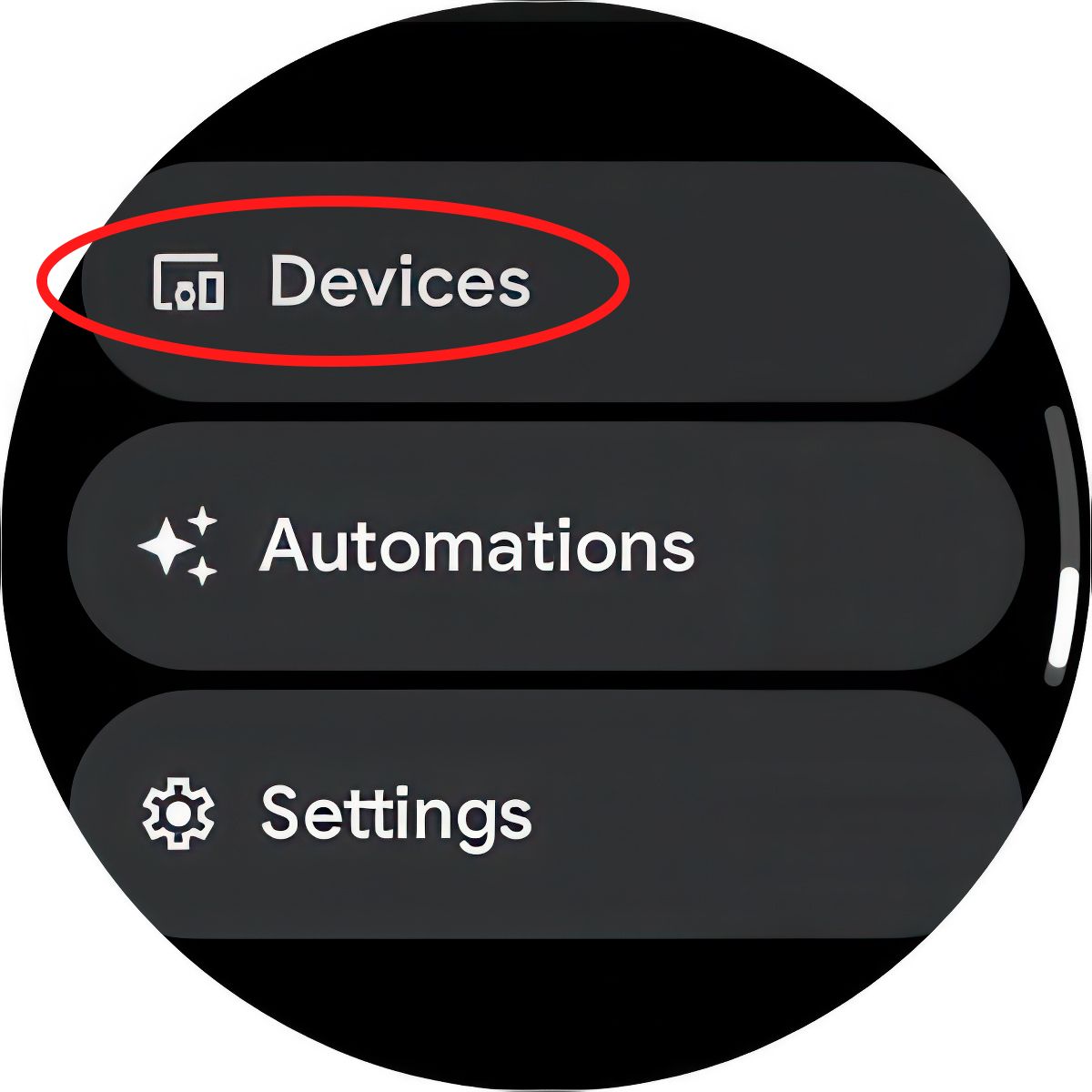 A screenshot of the Google Pixel Watch 3 Google Home tile with the Devices option circled in red.