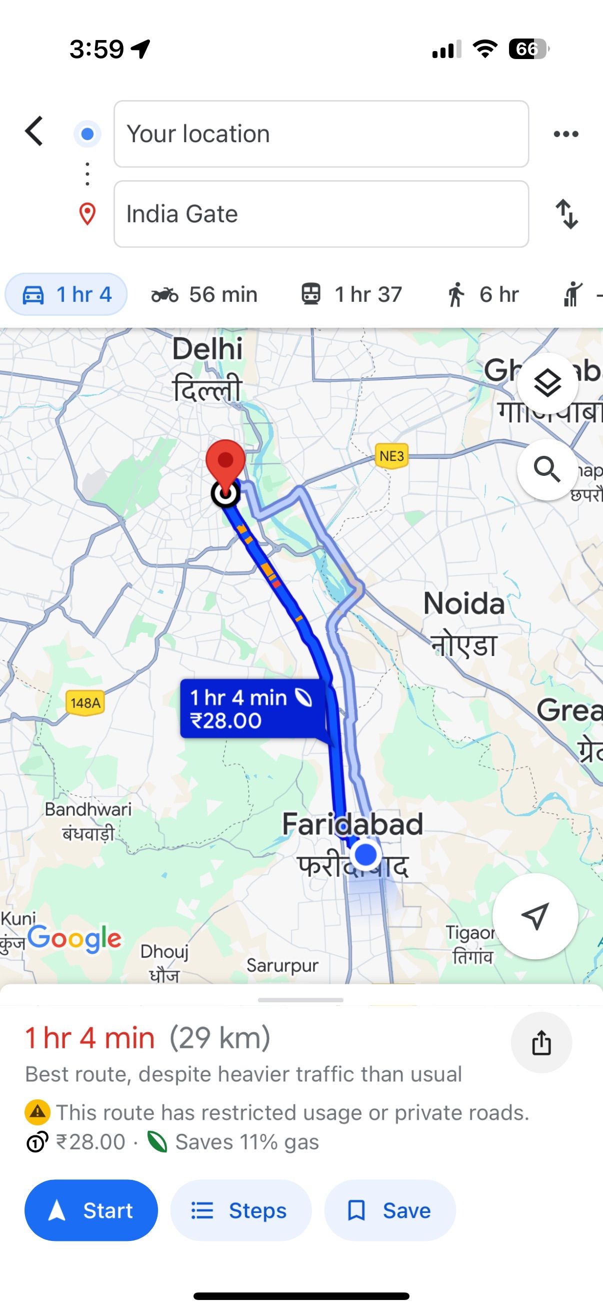 Google Maps showing route to India Gate