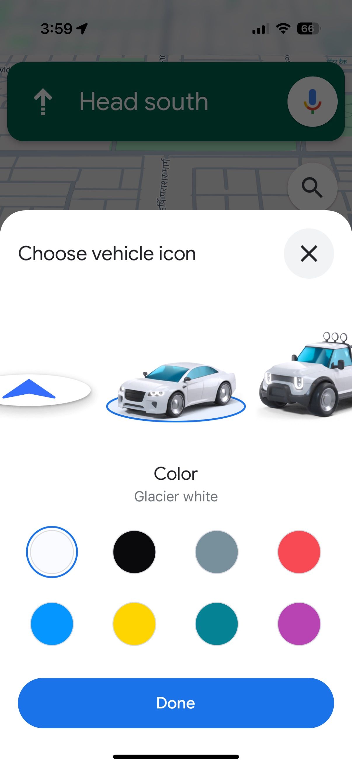 Vehicle icon customization showing white sedan car and color choices