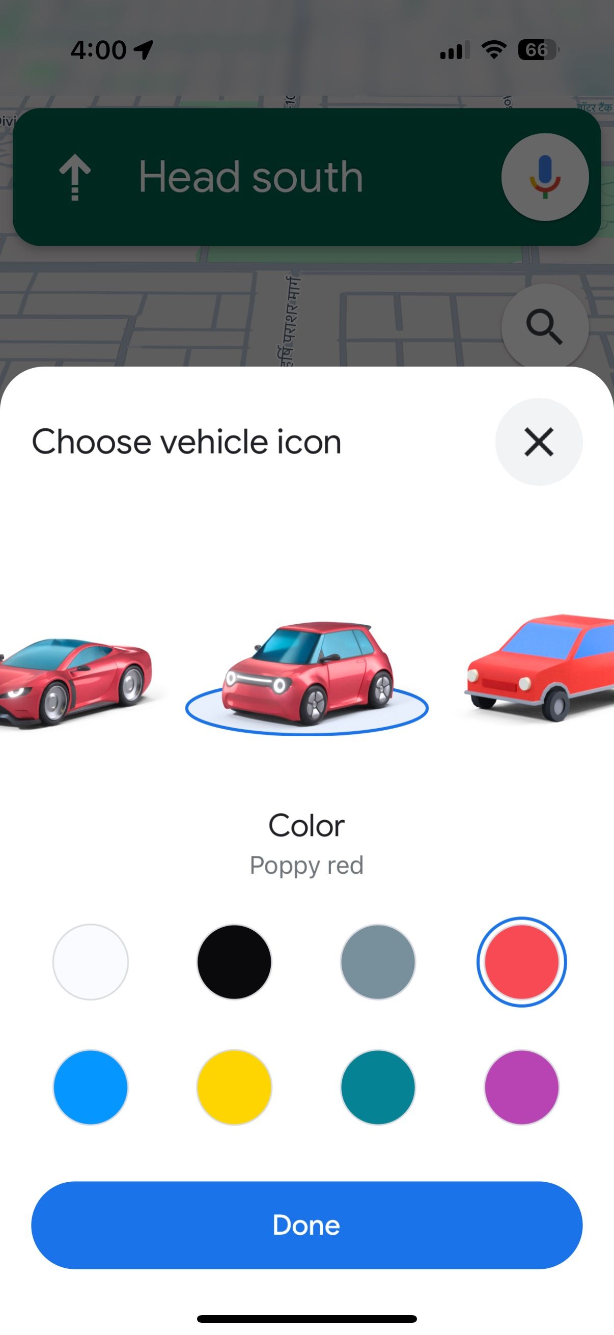 Red vehicle icons with "Poppy red" selected