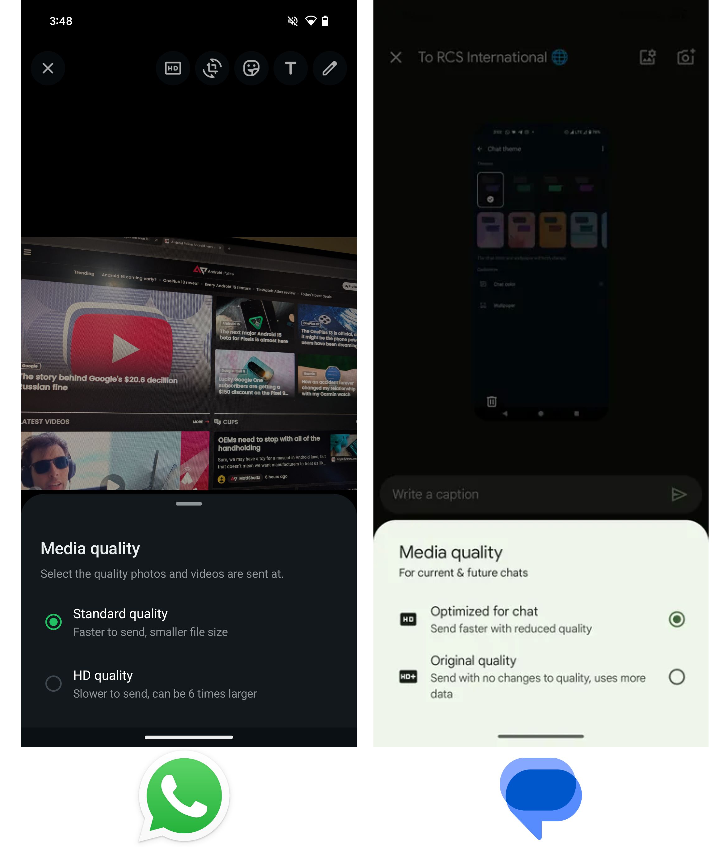 Screenshots of WhatsApp and Google Messages' UI for selecting media quality when sending an image.