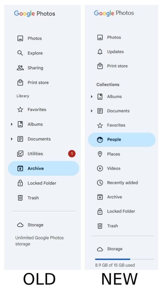 Screenshots highlighting the old and new UI of Google Photos on the web.