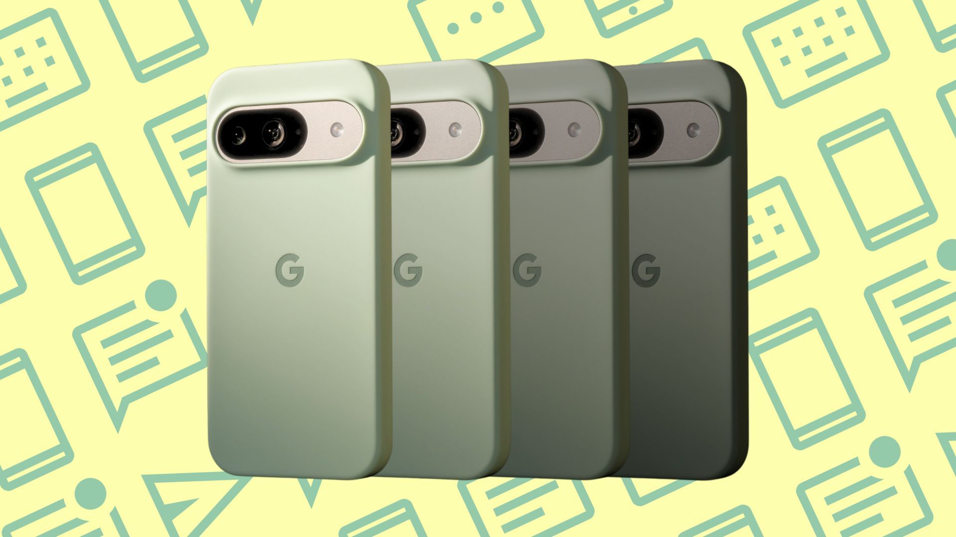 Four Google Pixel 9 phones over a green and yellow background.