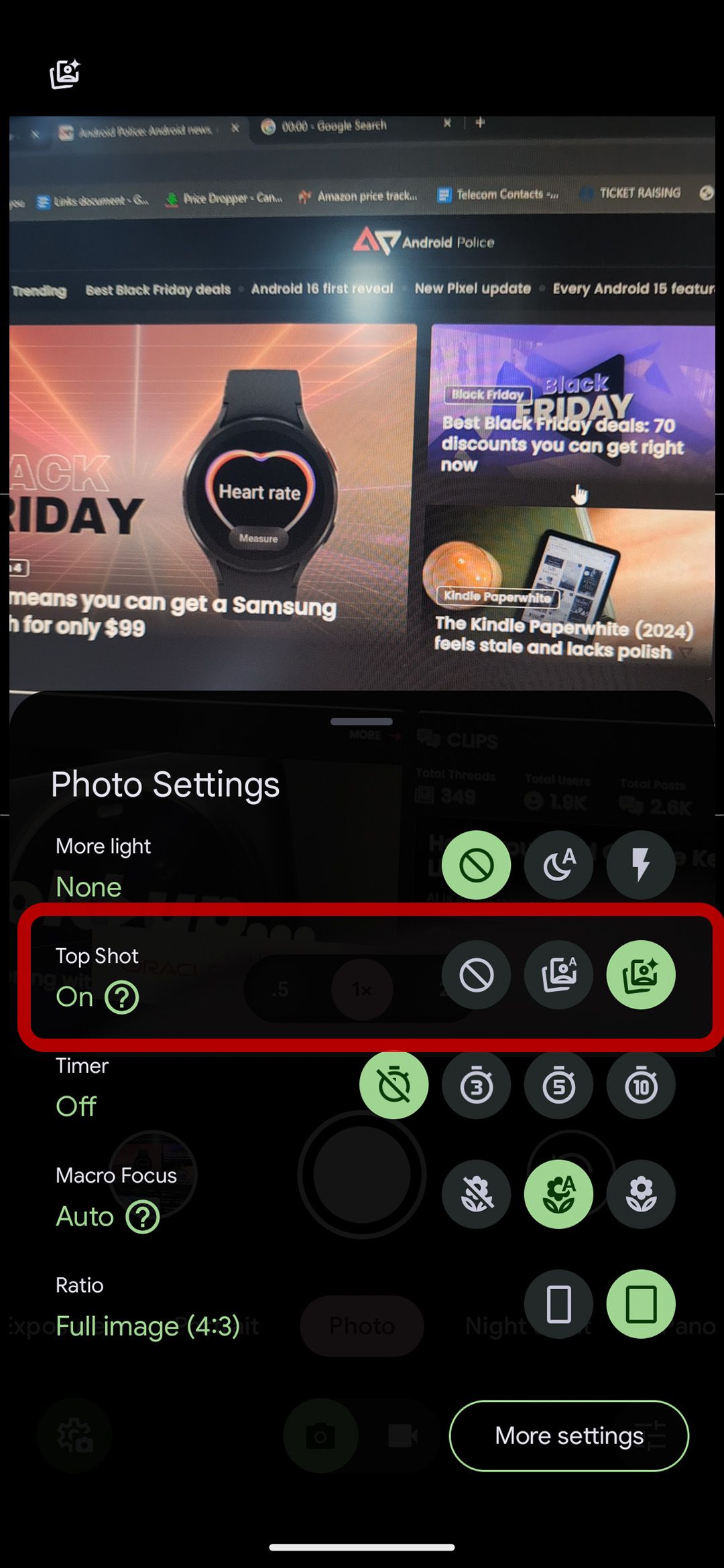 screenshot of the google pixel phone camera app with the top shot option highlighted