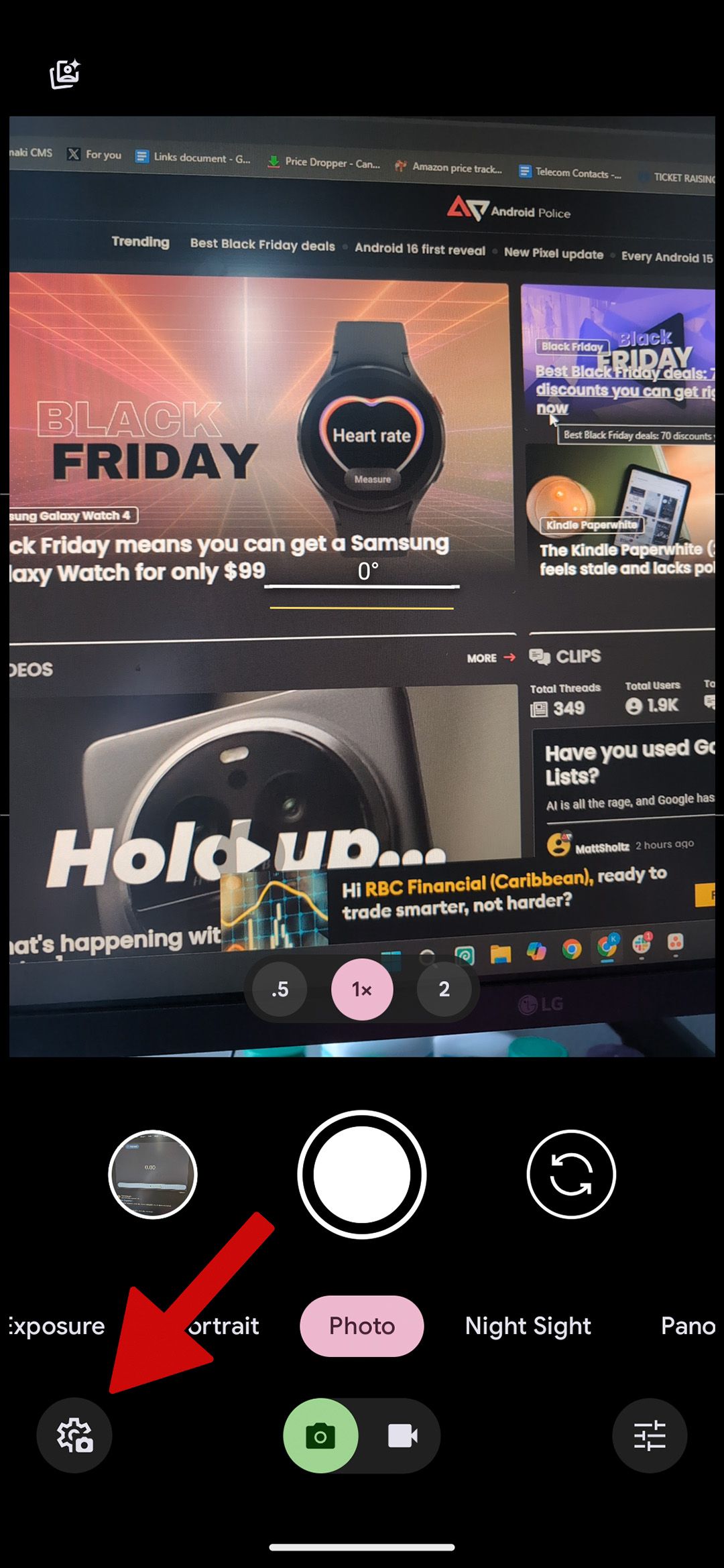 screenshot of the google pixel camera app with red arrow pointing at settings button