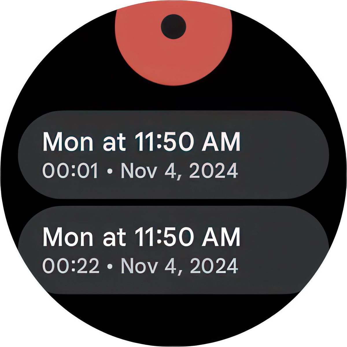 A screenshot of the Google Pixel Watch 3 Recorder app history.