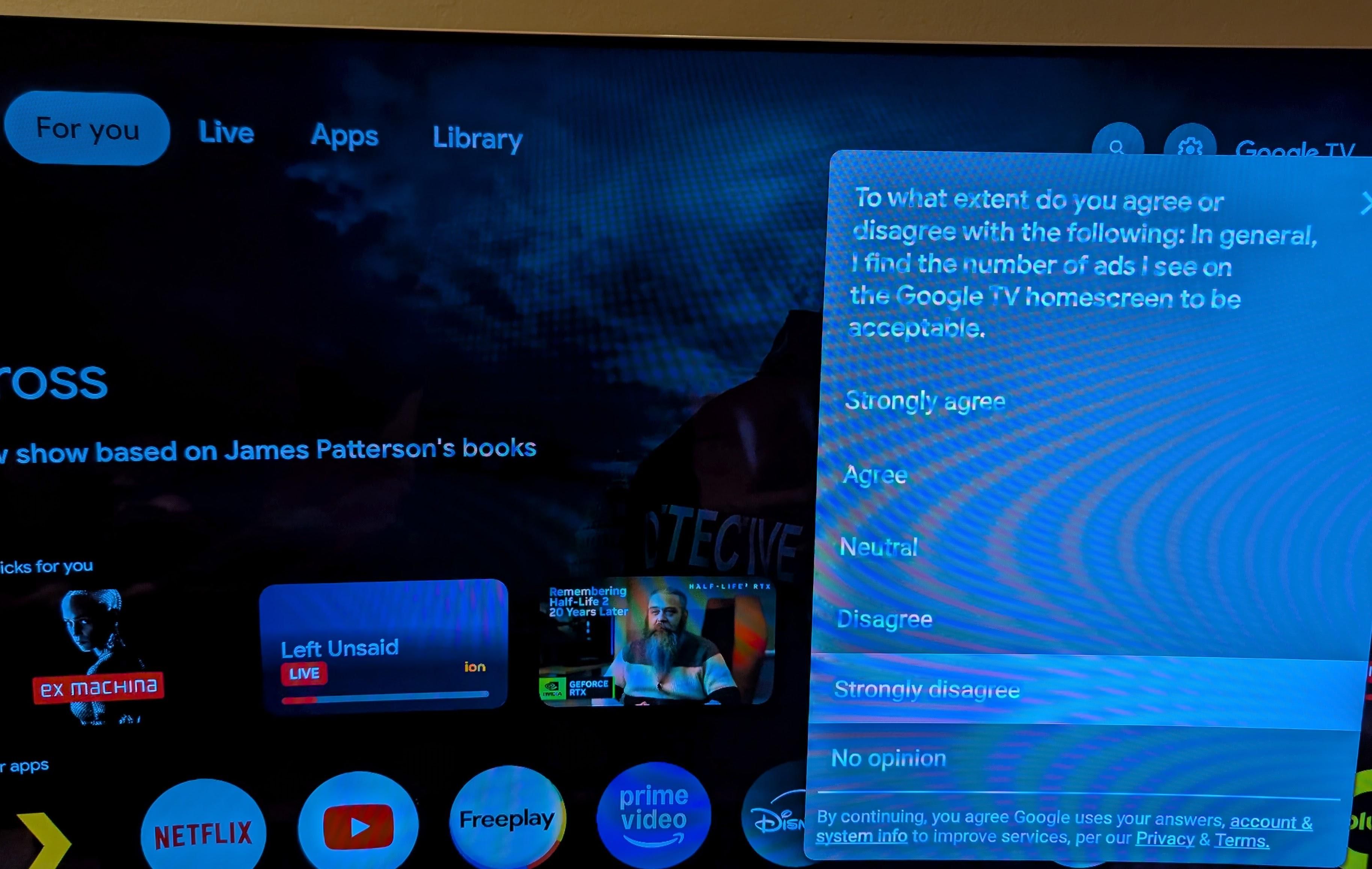 A screenshot of the Google TV survey on a Reddit user's television.