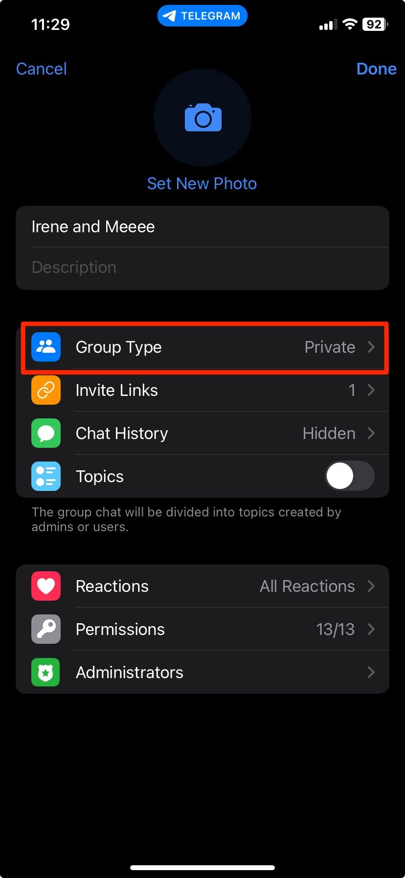 Selecting Group Type options among different settings on Telegram iPhone app