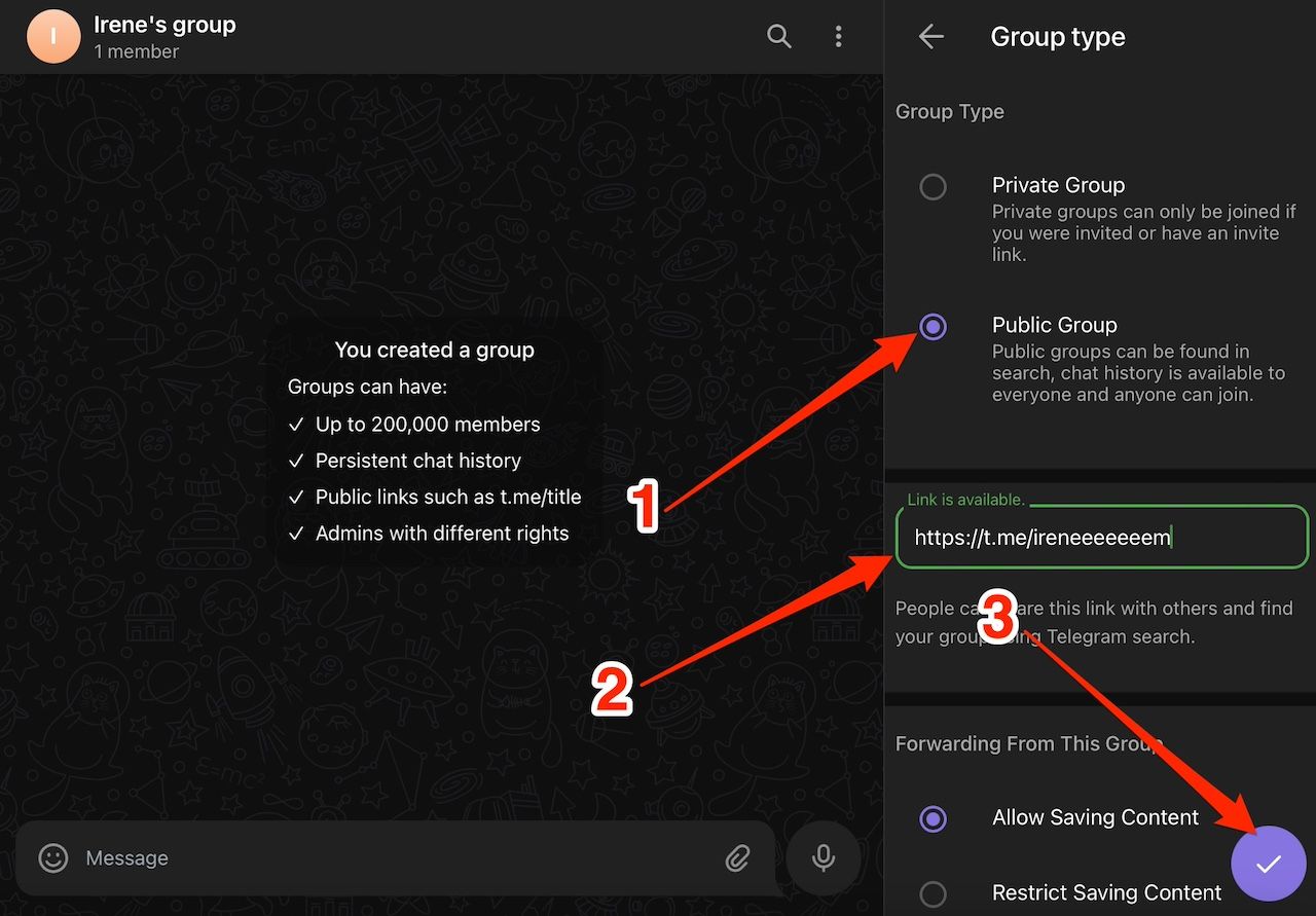 Switching Telegram group from private to public on the web app