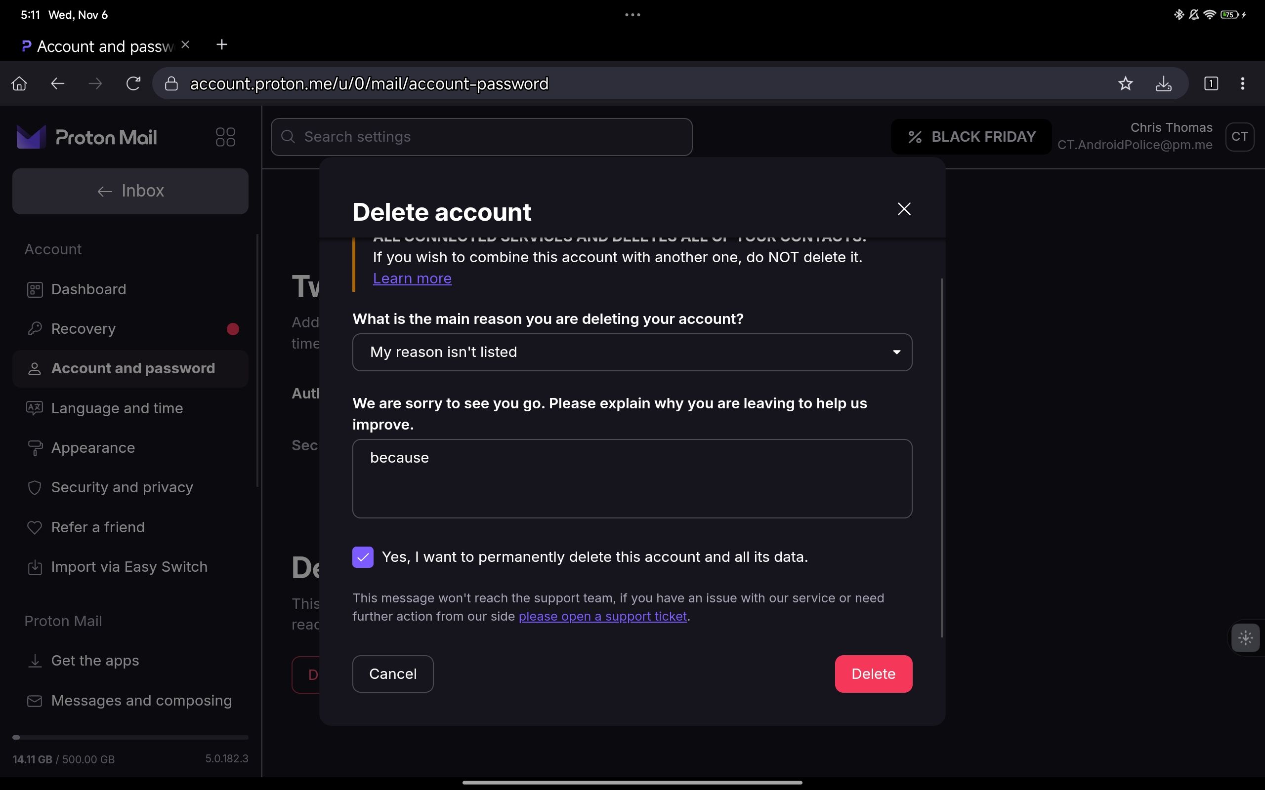 A screenshot of the Proton Mail account deletion process
