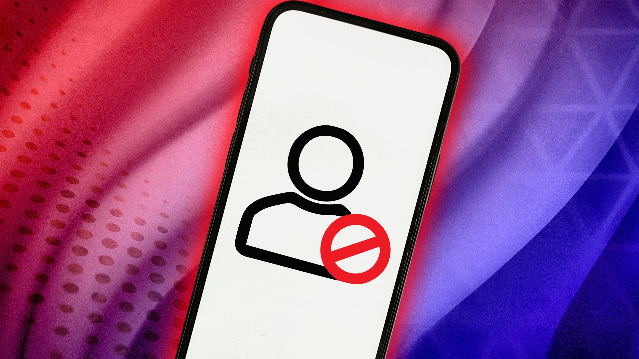 prohibition icon next to a person silhouette outline displayed on a cartoonized phone outline over a colorful red, pink, blue background