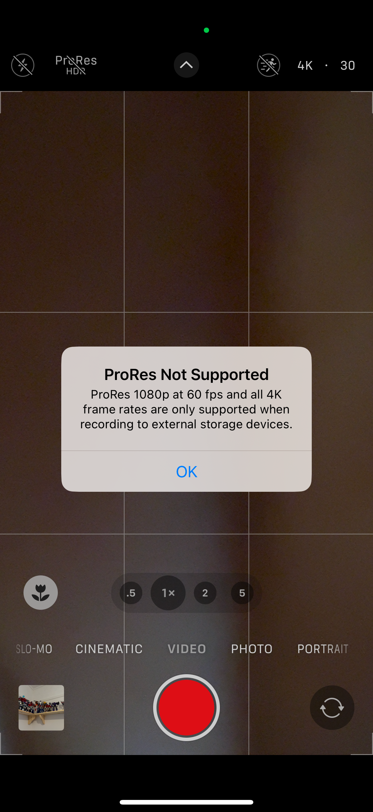 A screenshot of the iPhone camera app warning Pro Res 4K doesn't work on 128GB models