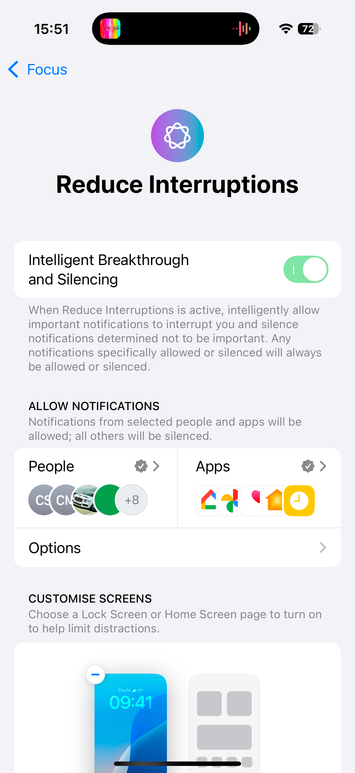 A screenshot showing Apple Intelligence features in Focus Modes