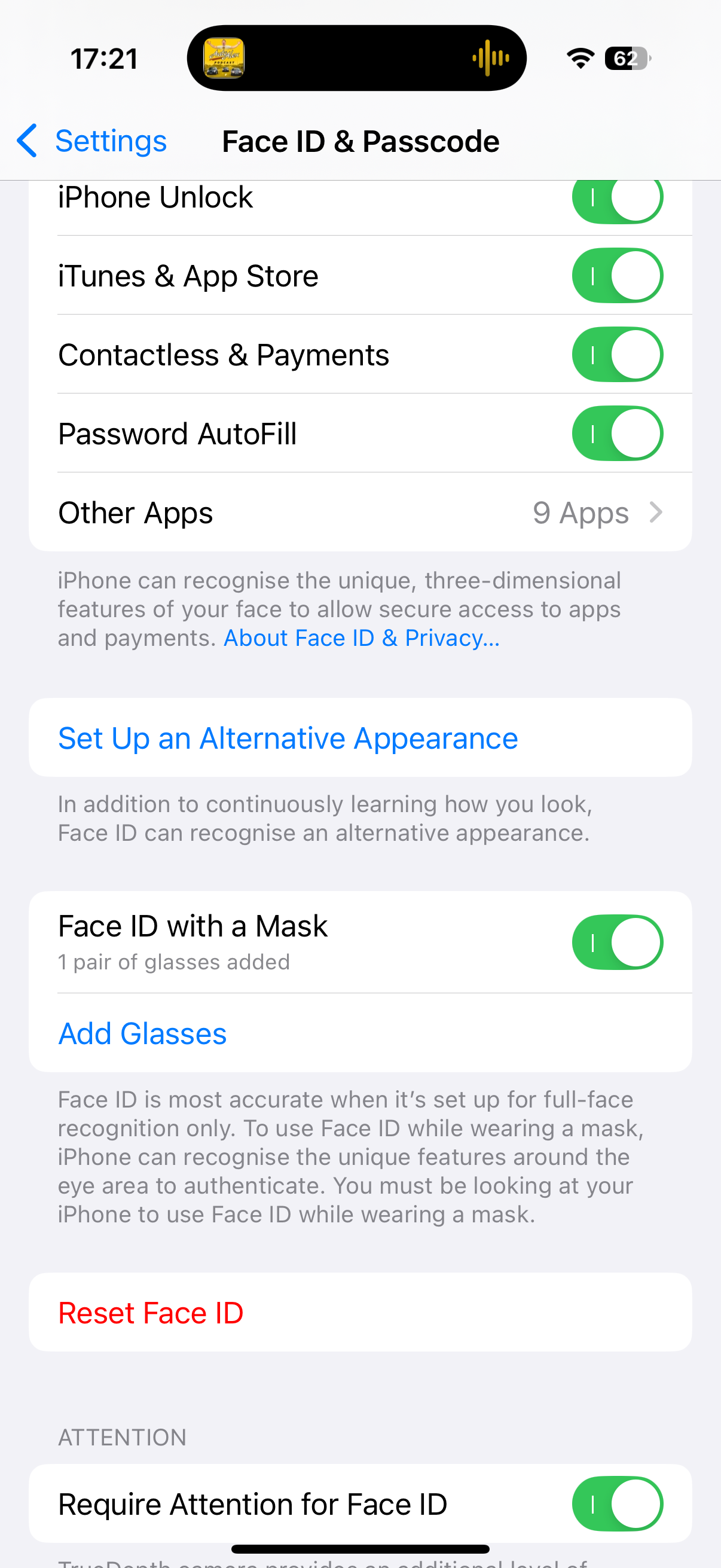 A screenshot of the iOS Face ID menu with mask mode